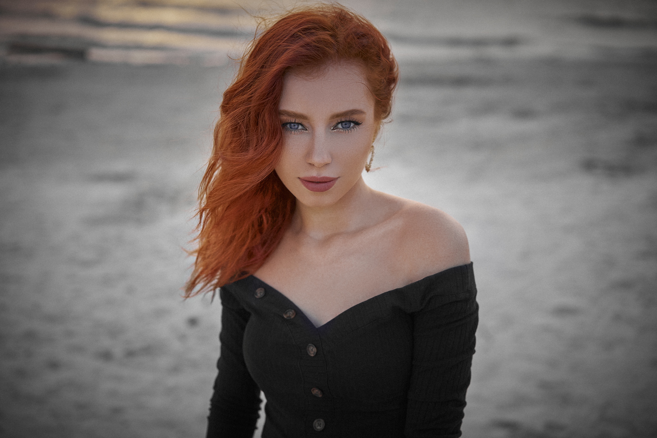 Women Model Redhead Portrait Bare Shoulders Black Tops Smiling Clavicles Depth Of Field Frontal View 2560x1707