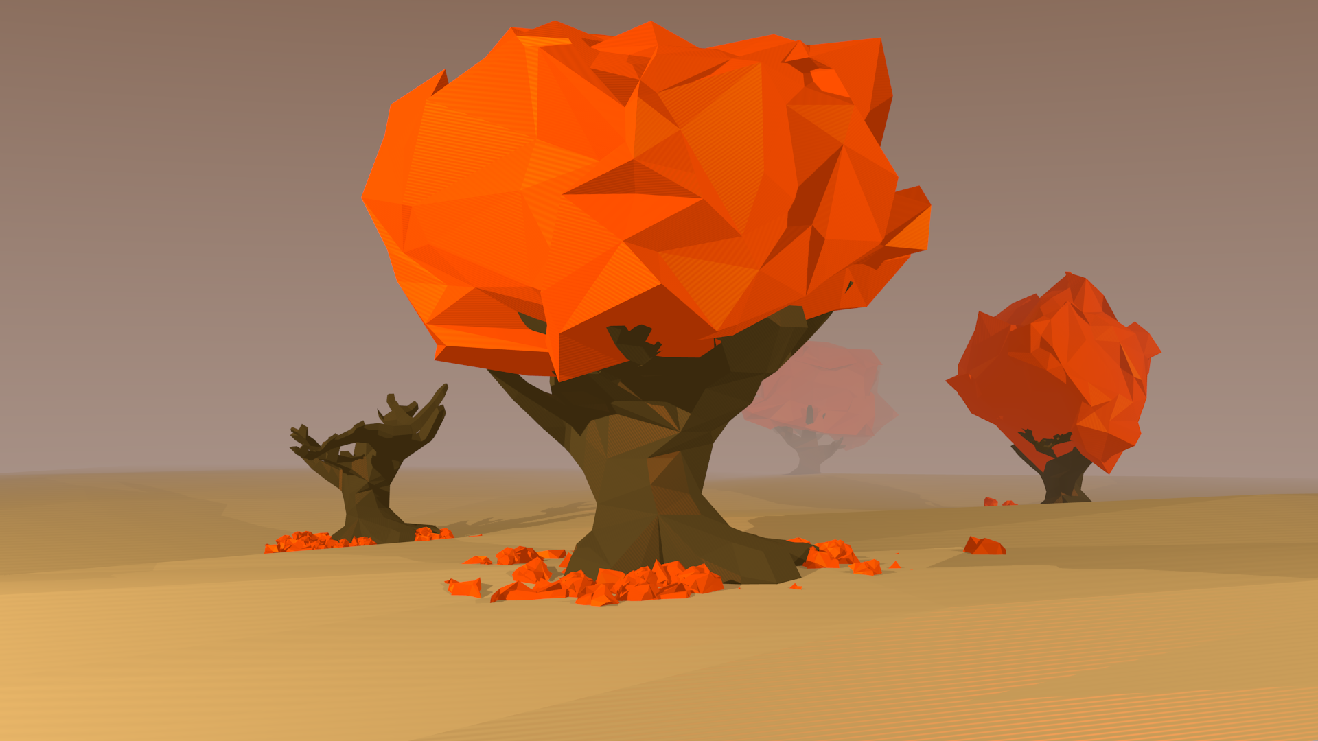 Orange Trees Dead Trees Leaves Low Poly Fall 1920x1080