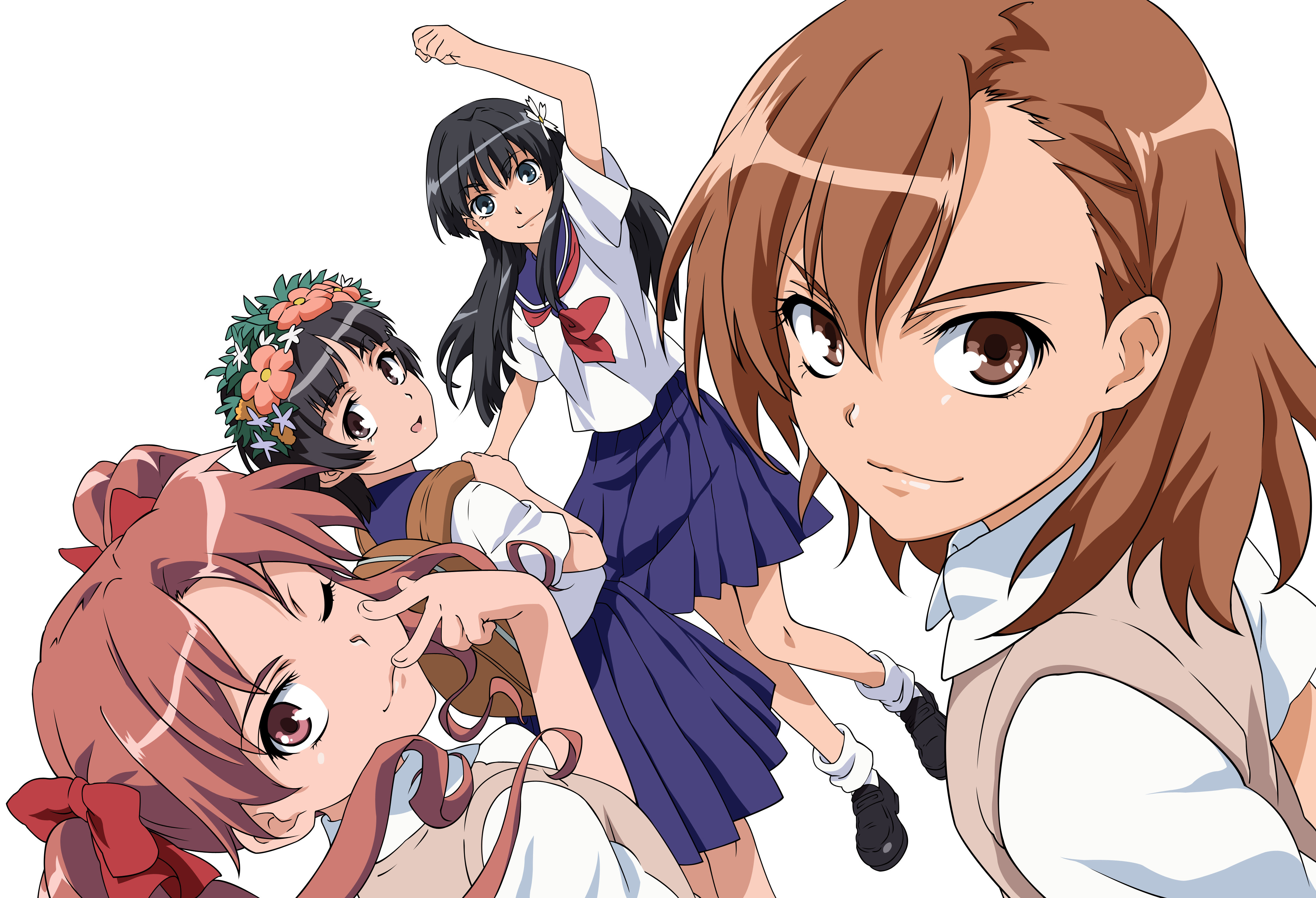 Brown Eyes Brown Hair Kazari Uiharu Kuroko Shirai Mikoto Misaka Ruiko Saten School Uniform Short Hai 4385x2992