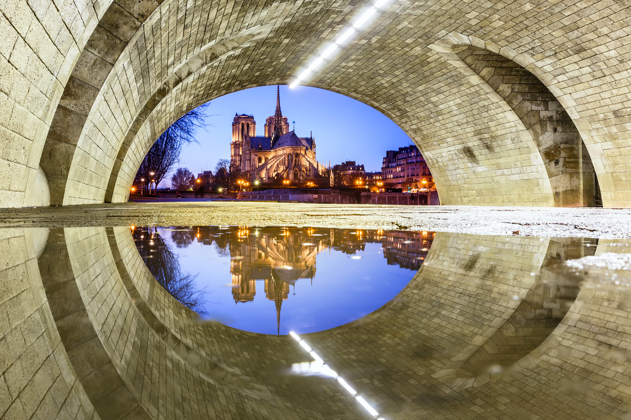 Notre Dame De Paris Paris France Cathedral Water Reflection Night Tunnel 2048x1365