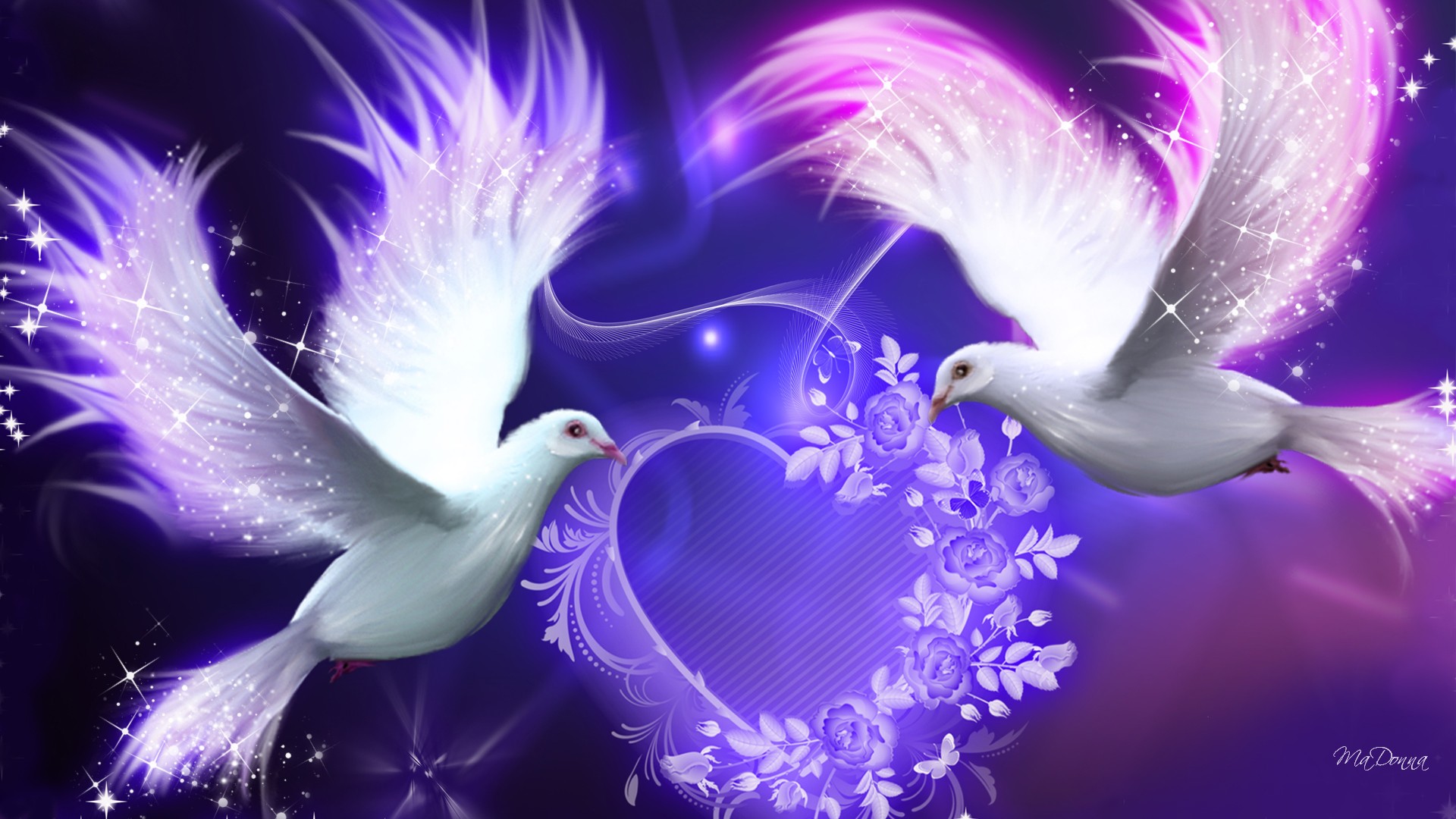 Artistic Blue Dove Flower Heart Purple Sparkles 1920x1080