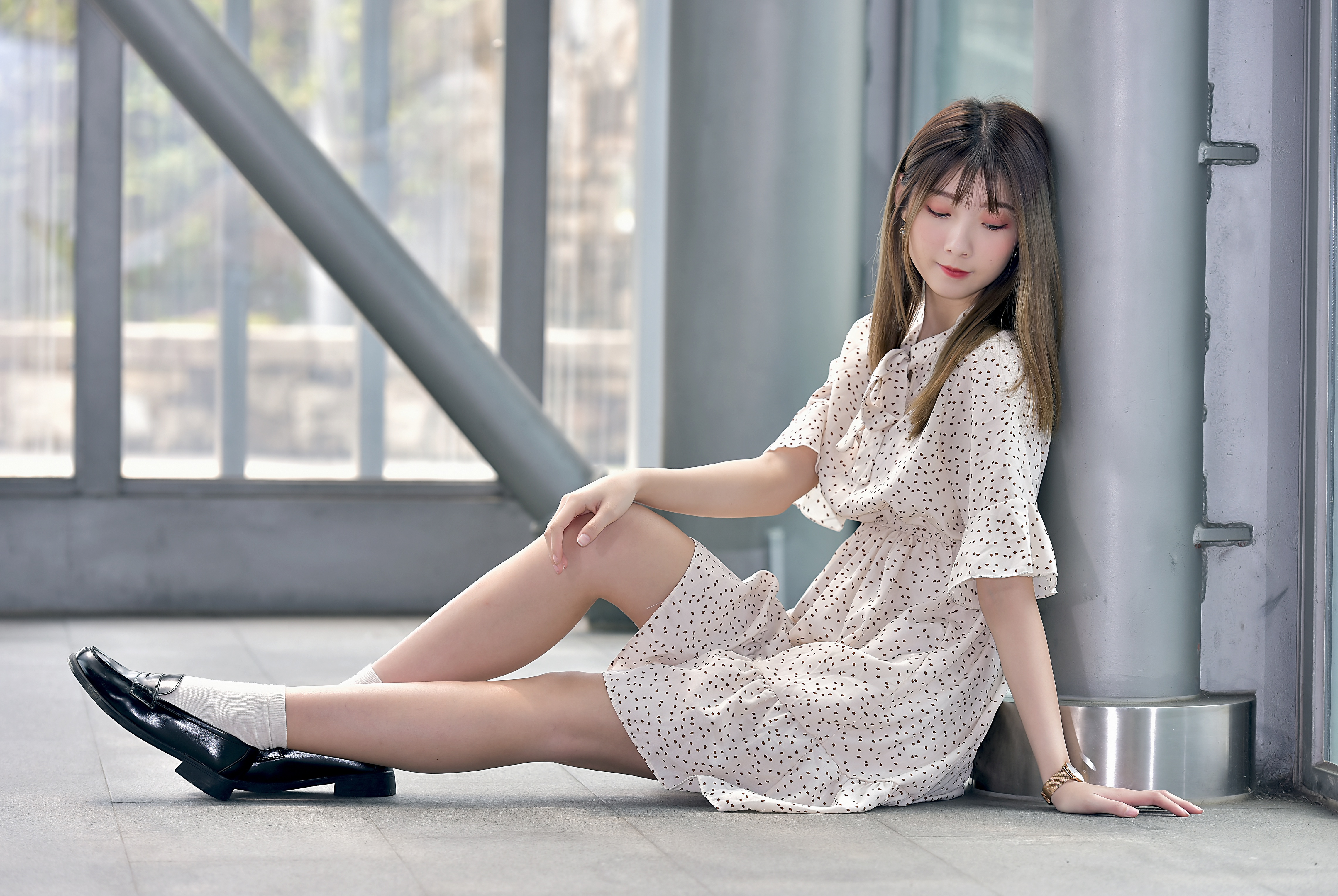 Asian Women Model Long Hair Brunette Sitting Leaning Short Socks Dress Wristwatch Slippers Metal Loo 4562x3056