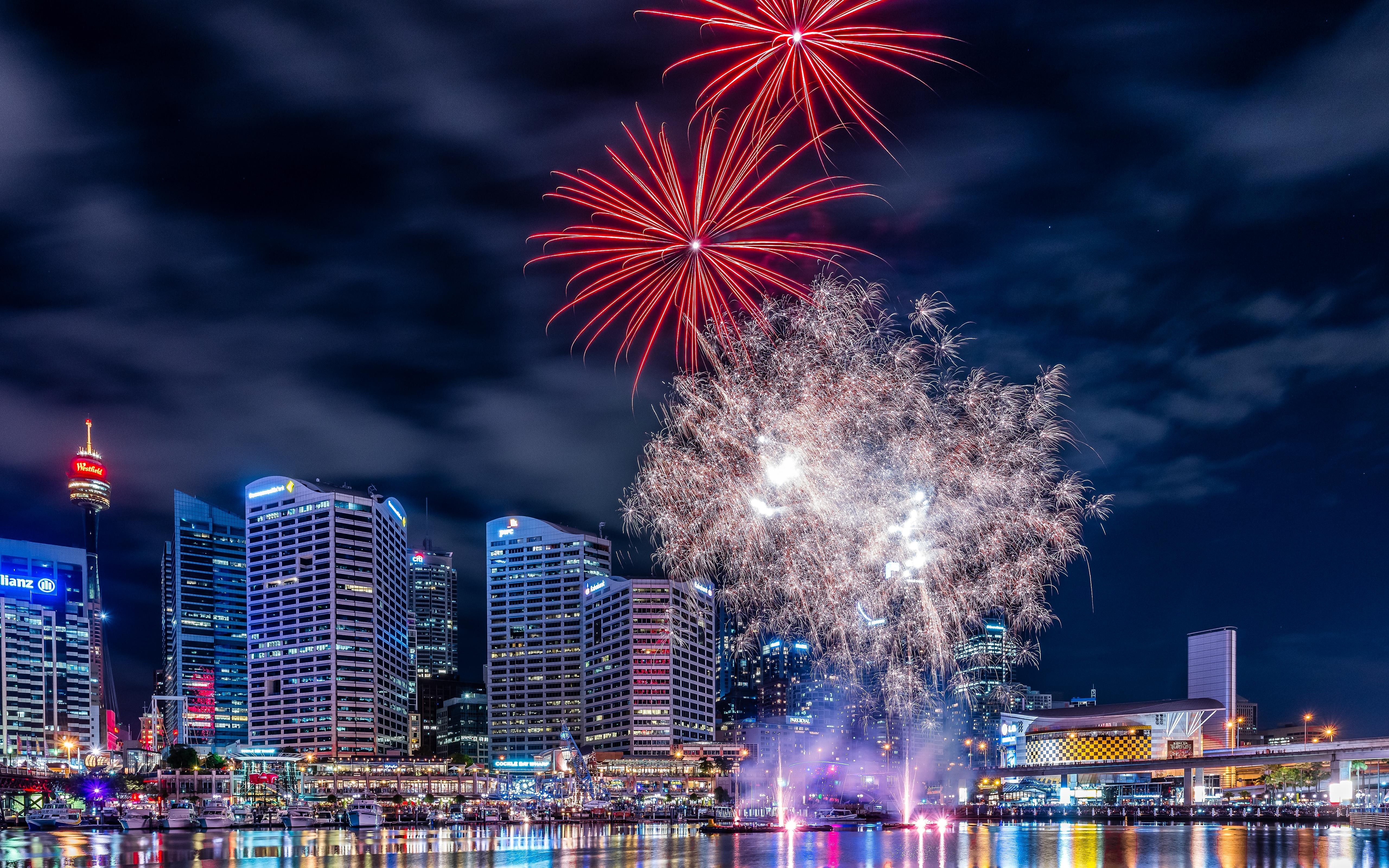 Abstract Fireworks City Cityscape Australia Darling Harbour Sydney 5120x3200