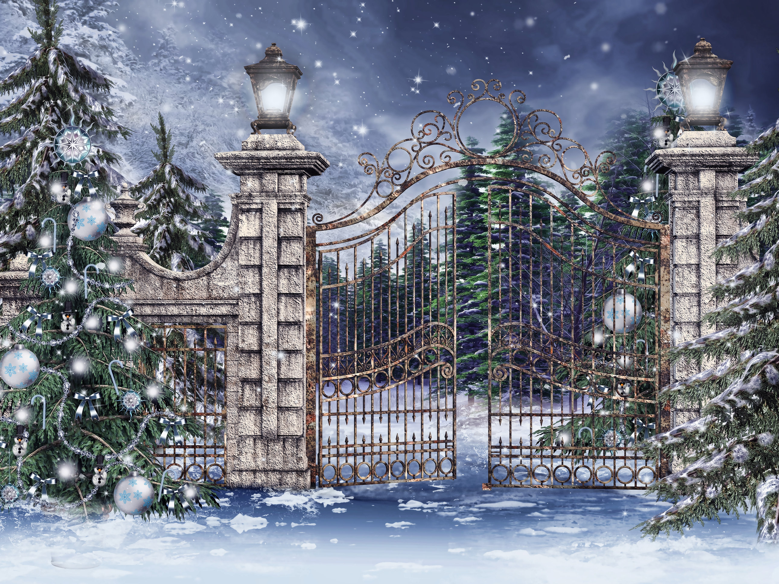 Artistic Gate Winter Christmas Christmas Tree Snow 2581x1936