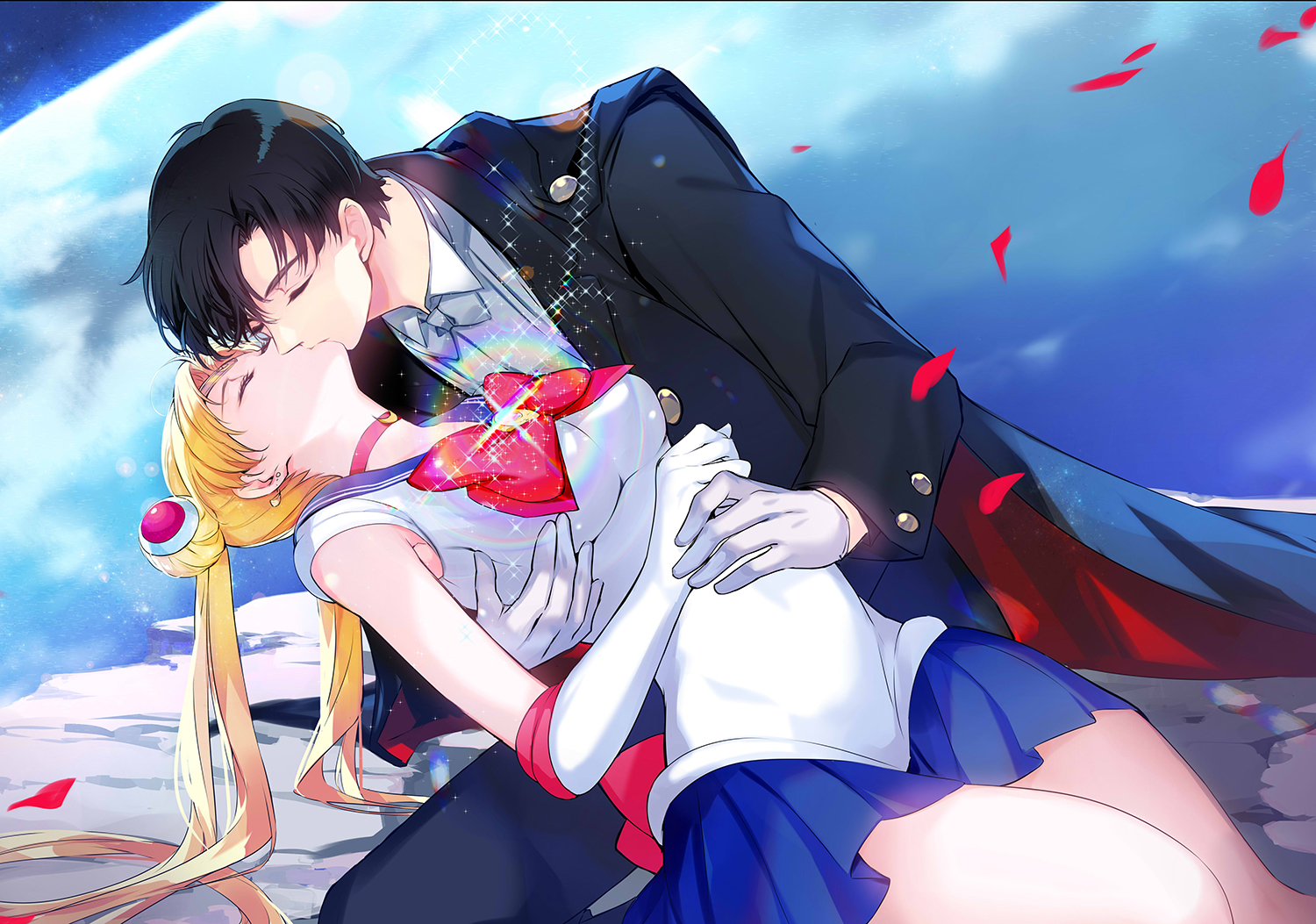 Tsukino Usagi Sailor Moon Black Hair Blonde Closed Eyes Kissing Twintails Skirt Cape Elbow Gloves Lo 1500x1053