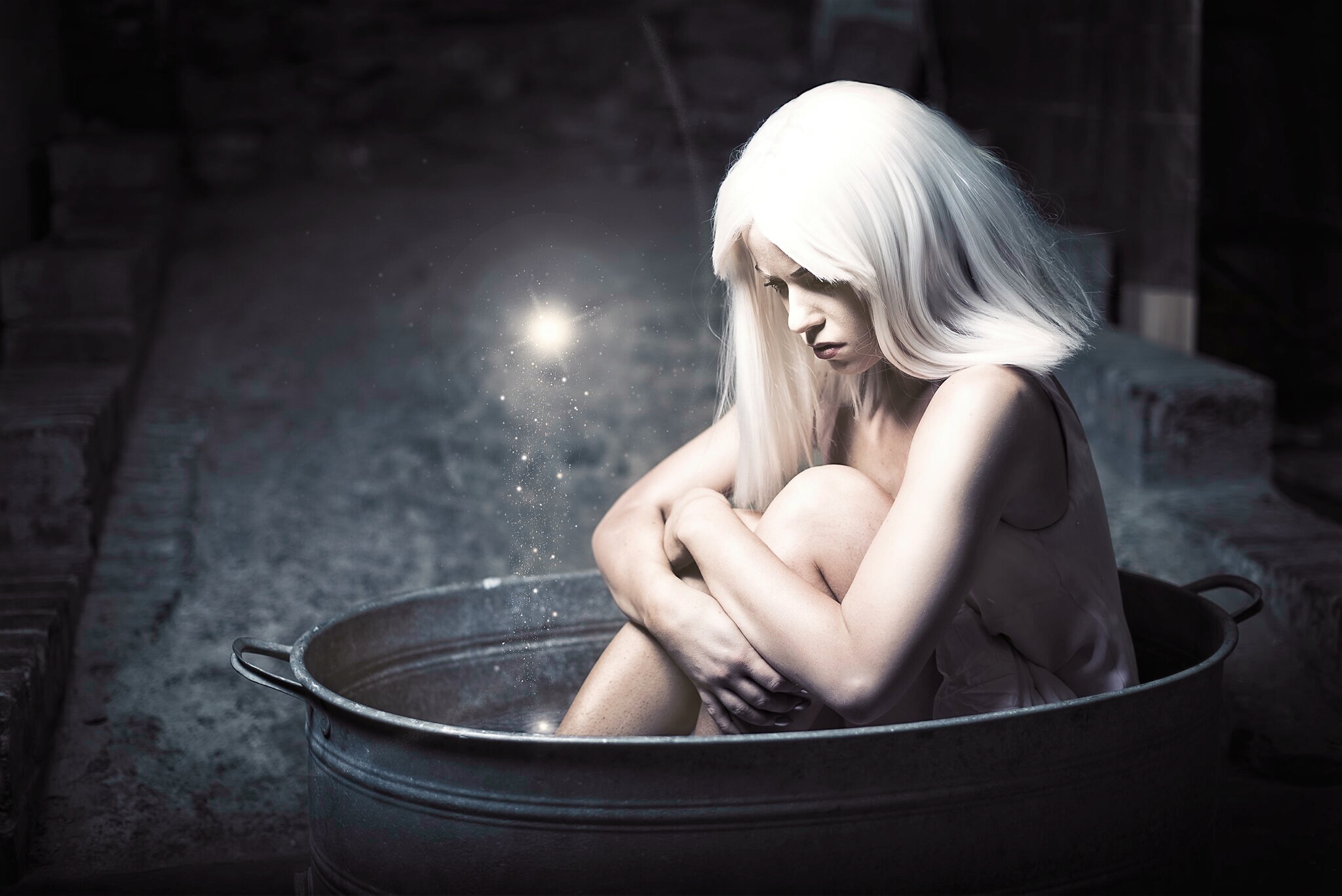 Starlight Blonde White Hair Women Sitting Emotion Fantasy Art Digital Art 2048x1367