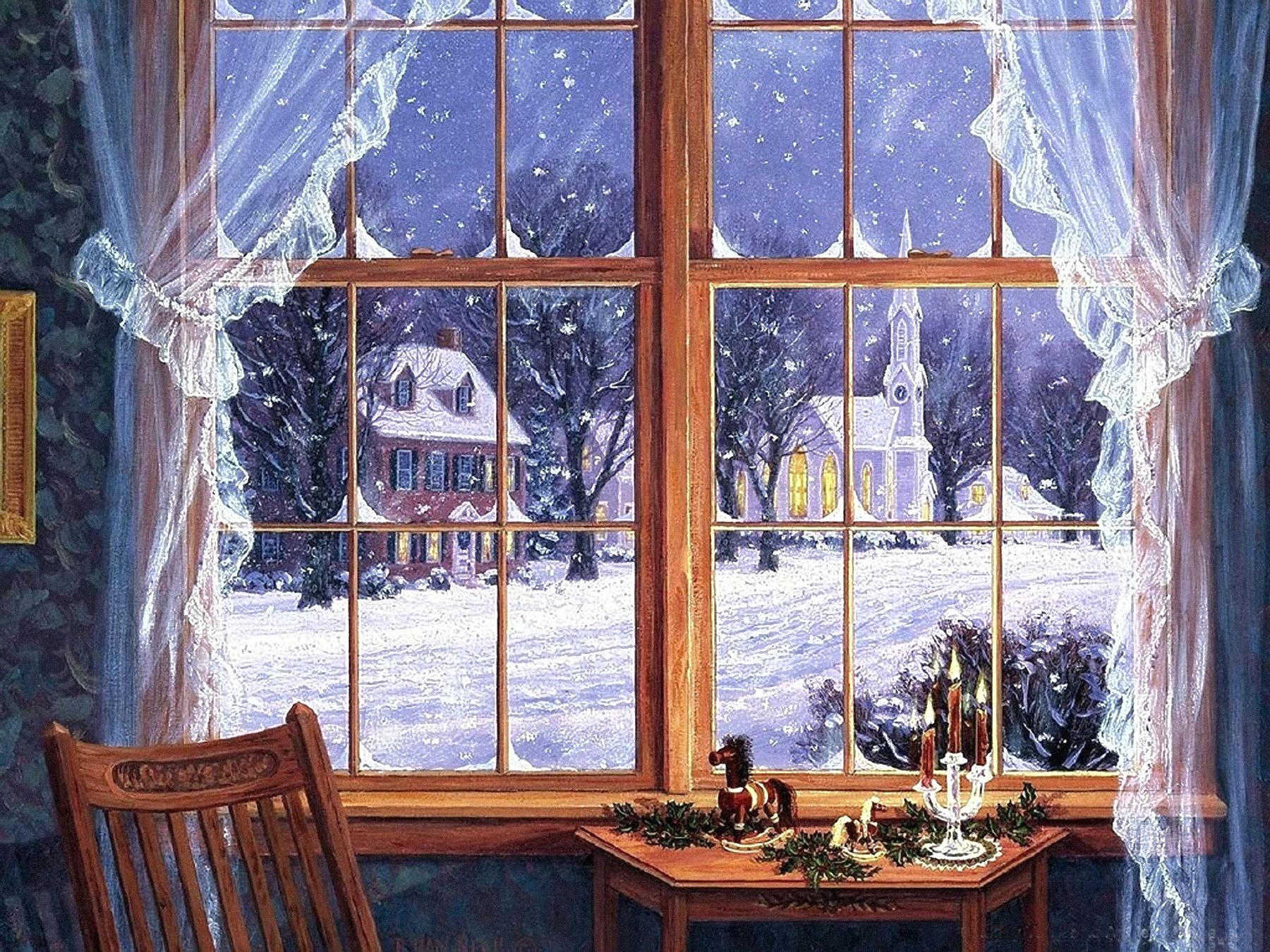 Artistic Winter Snow Street House Window Curtain 1800x1350
