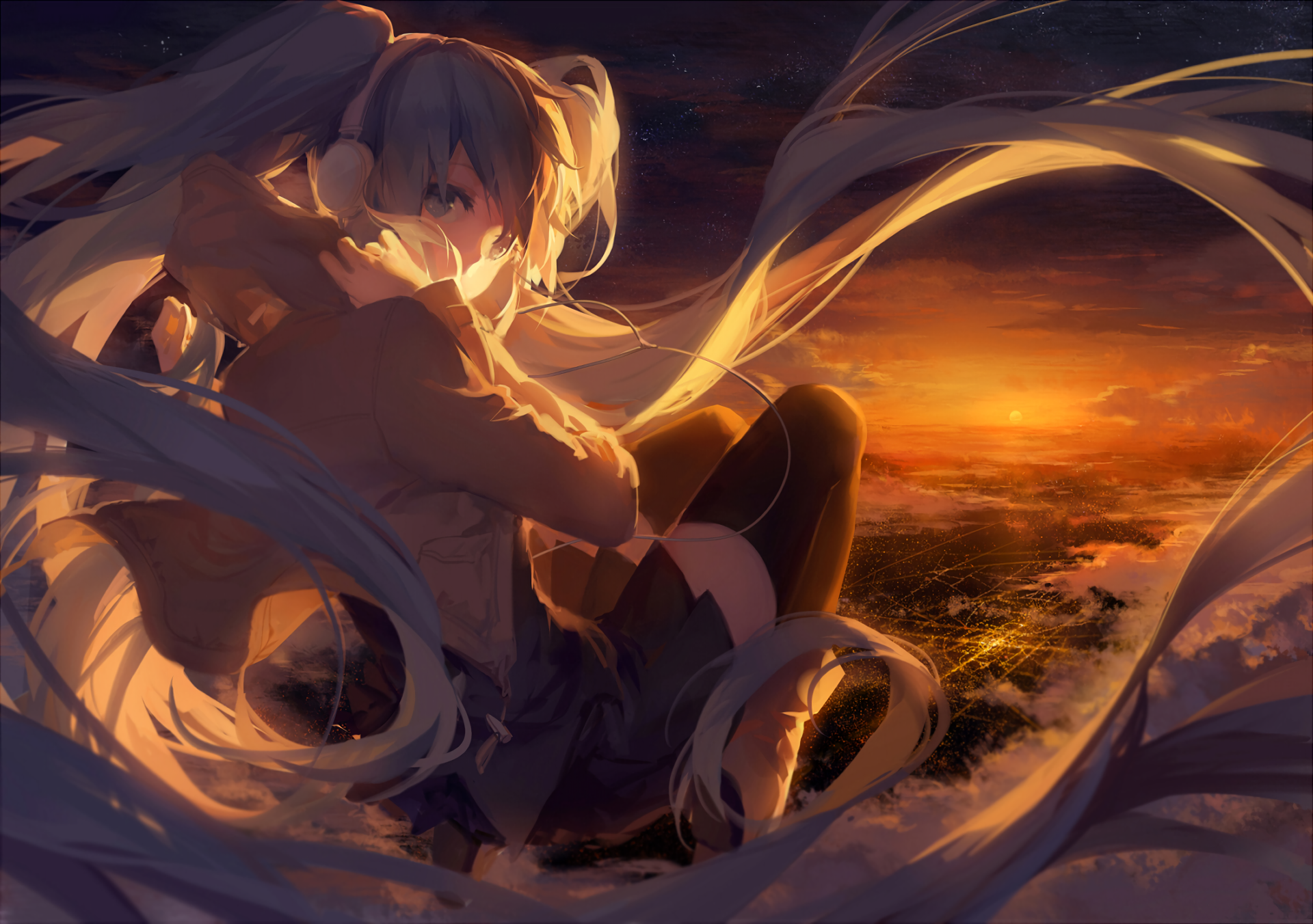 Anime Legs Together Sunset Looking At Viewer Blue Skirt Headphones Blue Hair Hair Blowing In The Win 1920x1352