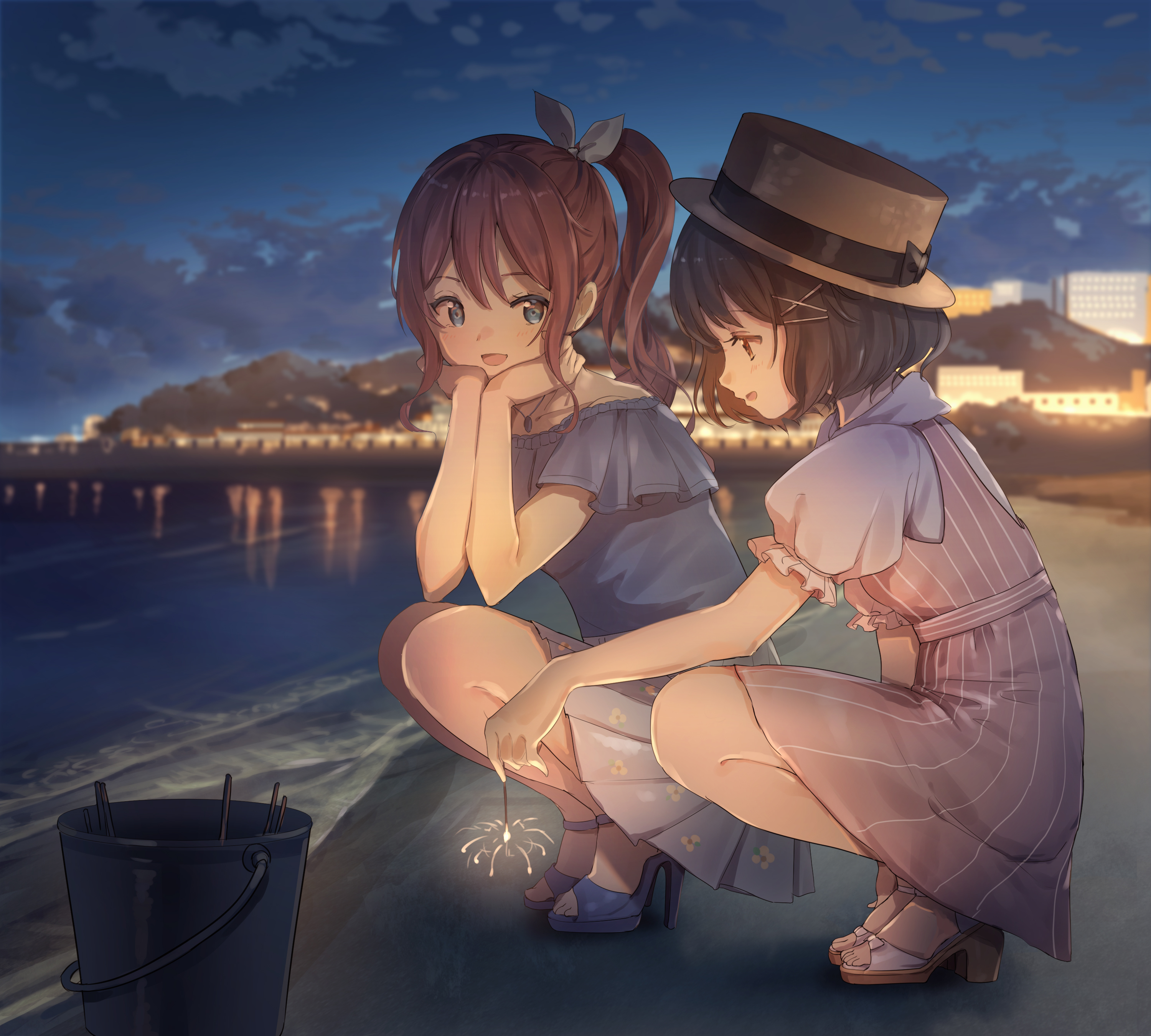 Anime Anime Girls Sea Beach Bucket Sparkler 3000x2700