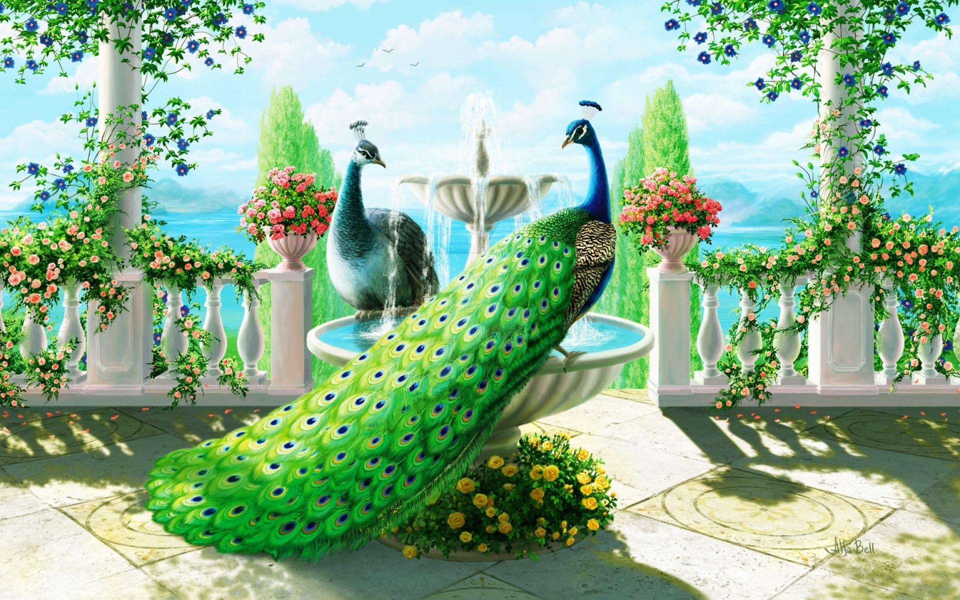 Artistic Colors Columns Flower Painting Peacock 1920x1200
