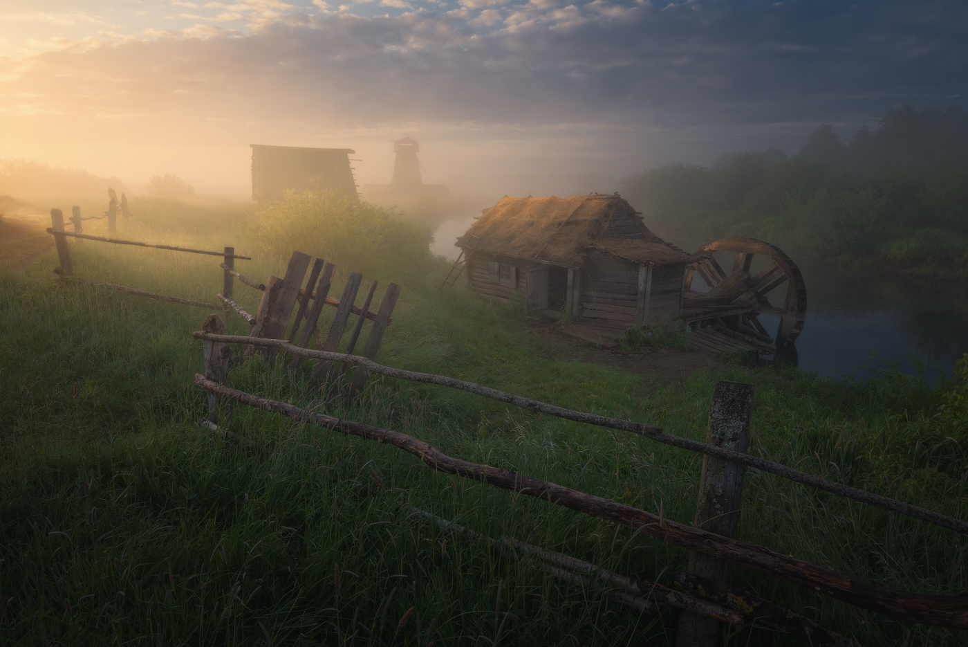 Ilya Melikhov Landscape Mist Clouds Hut Fence Grass Water Tower 1400x935