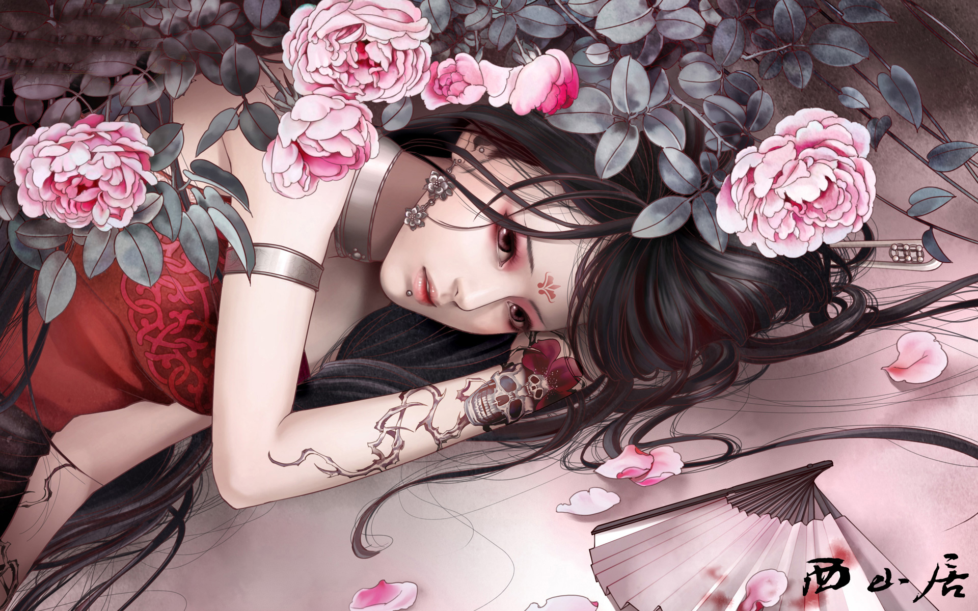Asian Fan Fantasy Girl Lying Down Pink Rose Rose Skull Tattoo Woman 1920x1200