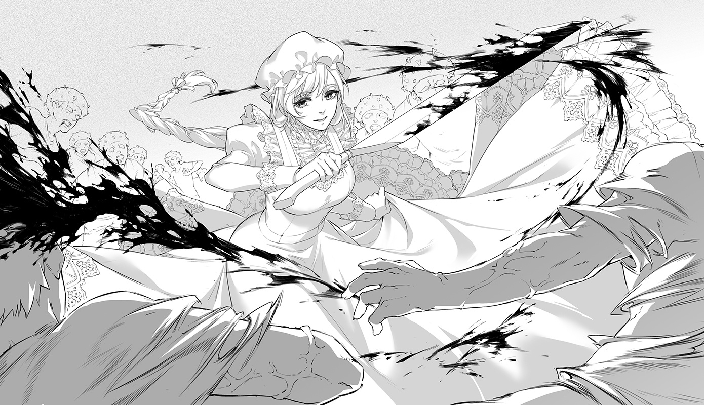 Hataraku Saibou Anime Girls Manga Sketch Monochrome White Dress Long Hair Female Warrior Machete Blo 1390x800