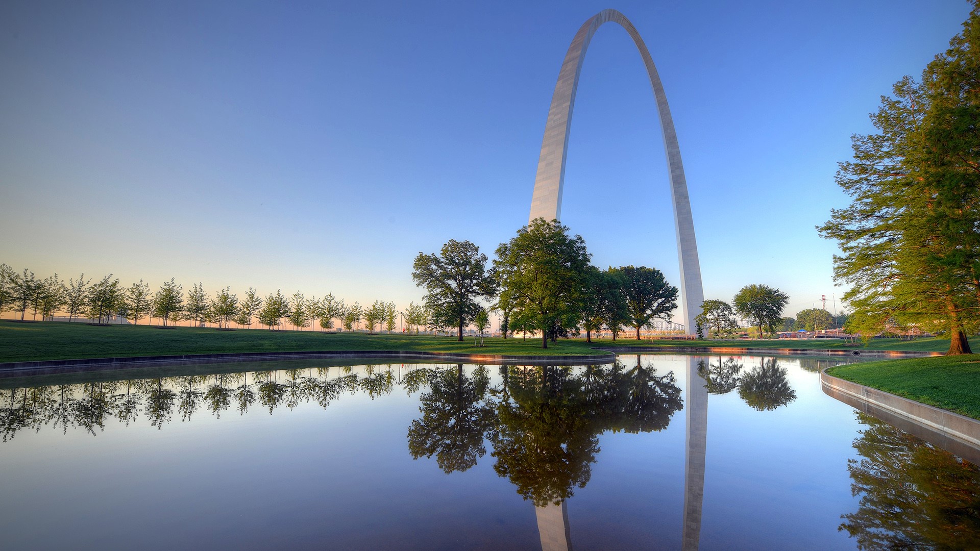 Nature Landscape Sky Water Trees Grass Reflection Gateway Arch Monument St Louis Missouri USA Archit 1920x1080