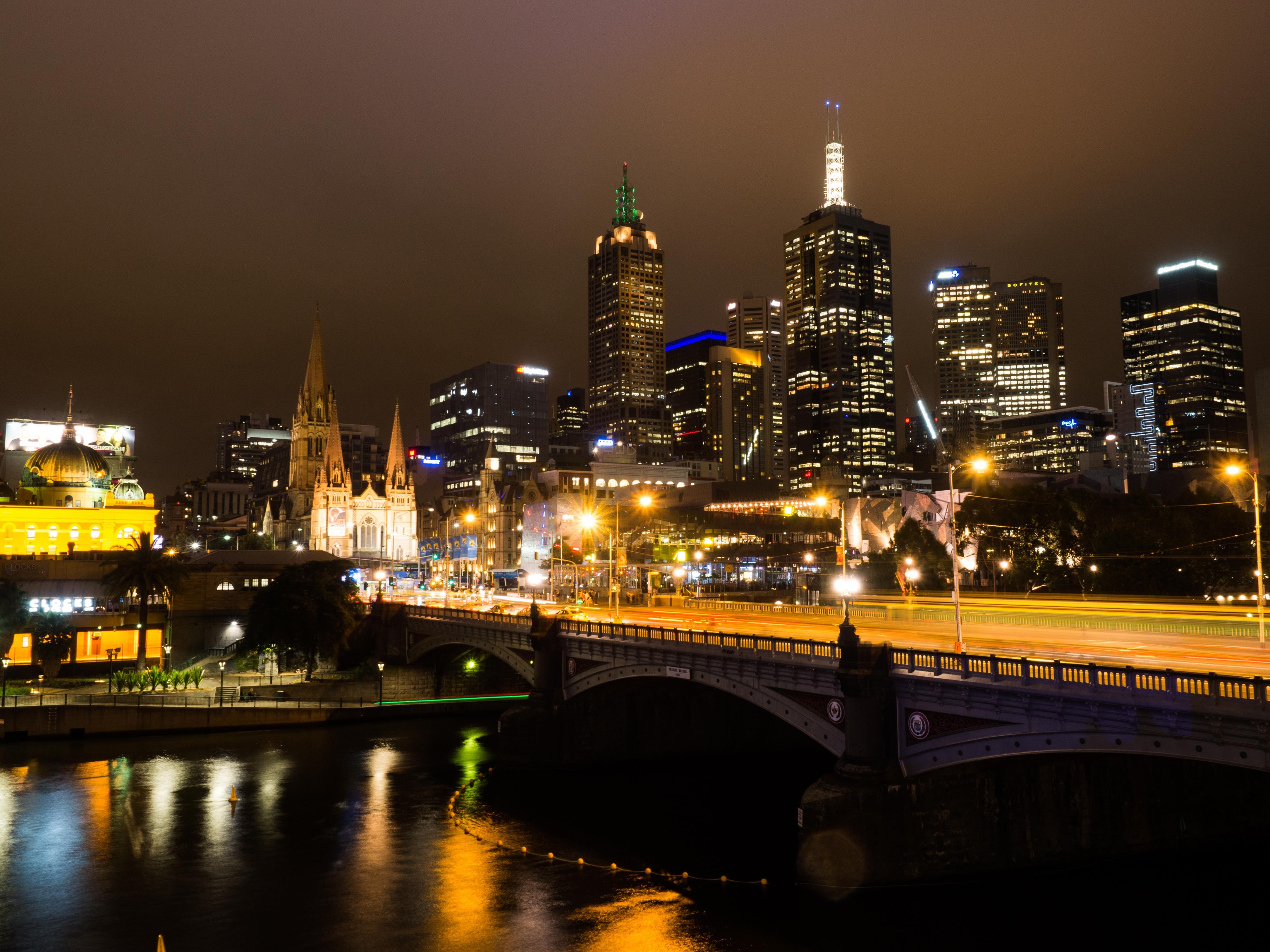 Australia Bridge Building City Light Melbourne Night Skyline Skyscraper 4341x3256