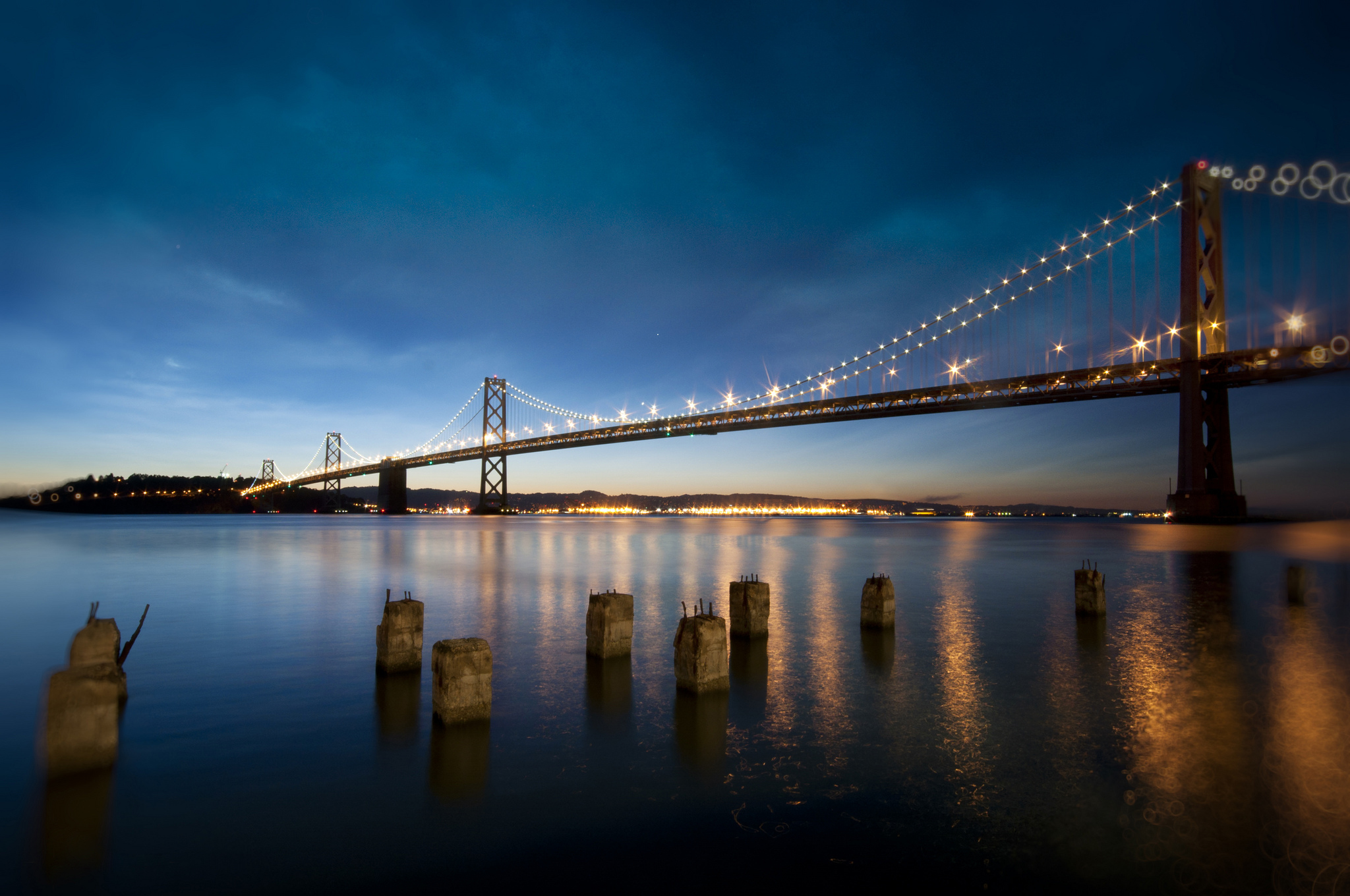 California Bay Bridge Reflection Light Sky Night 2048x1360
