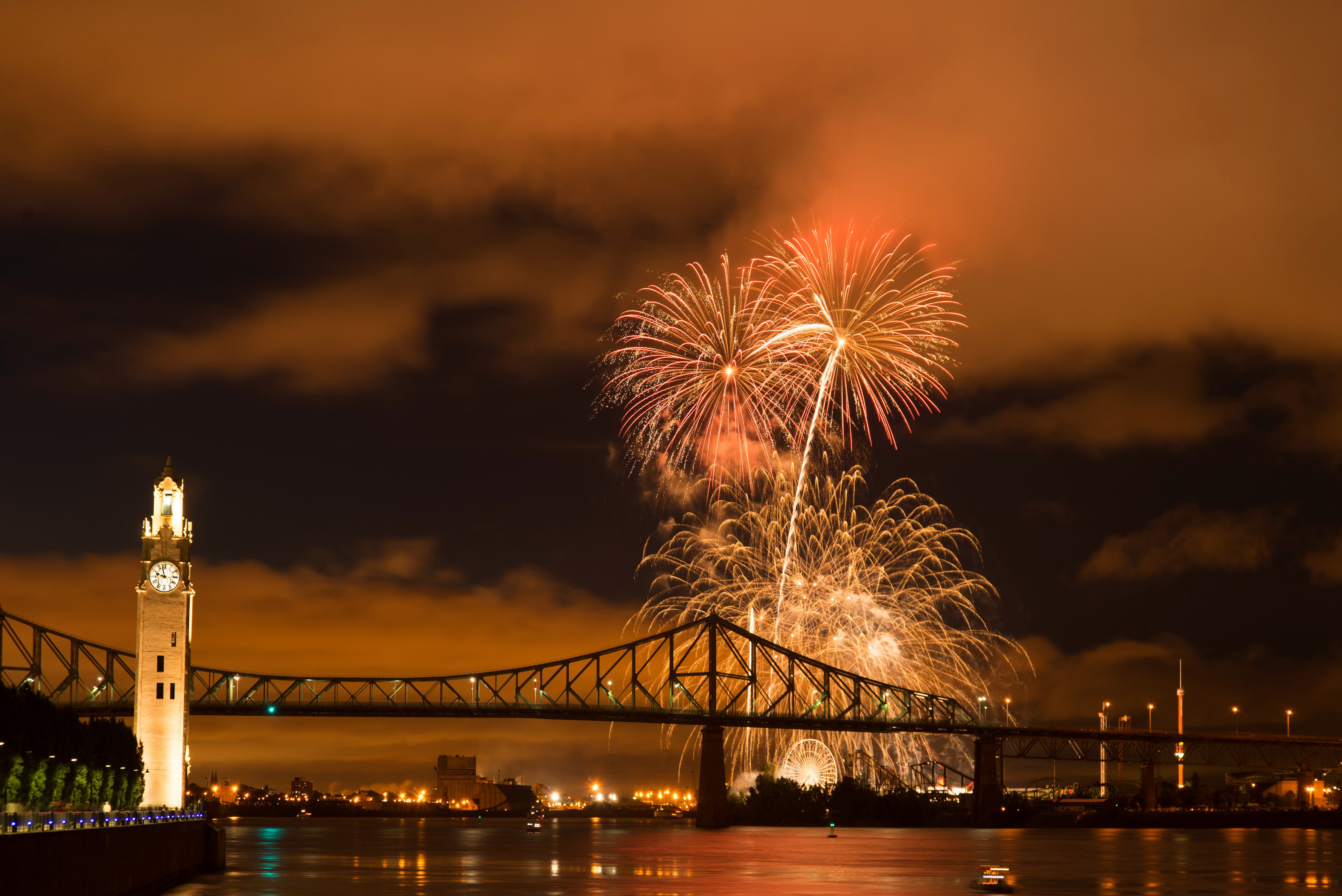 Fireworks Night River Bridge Light Orange Color Canada Montreal 4500x3004