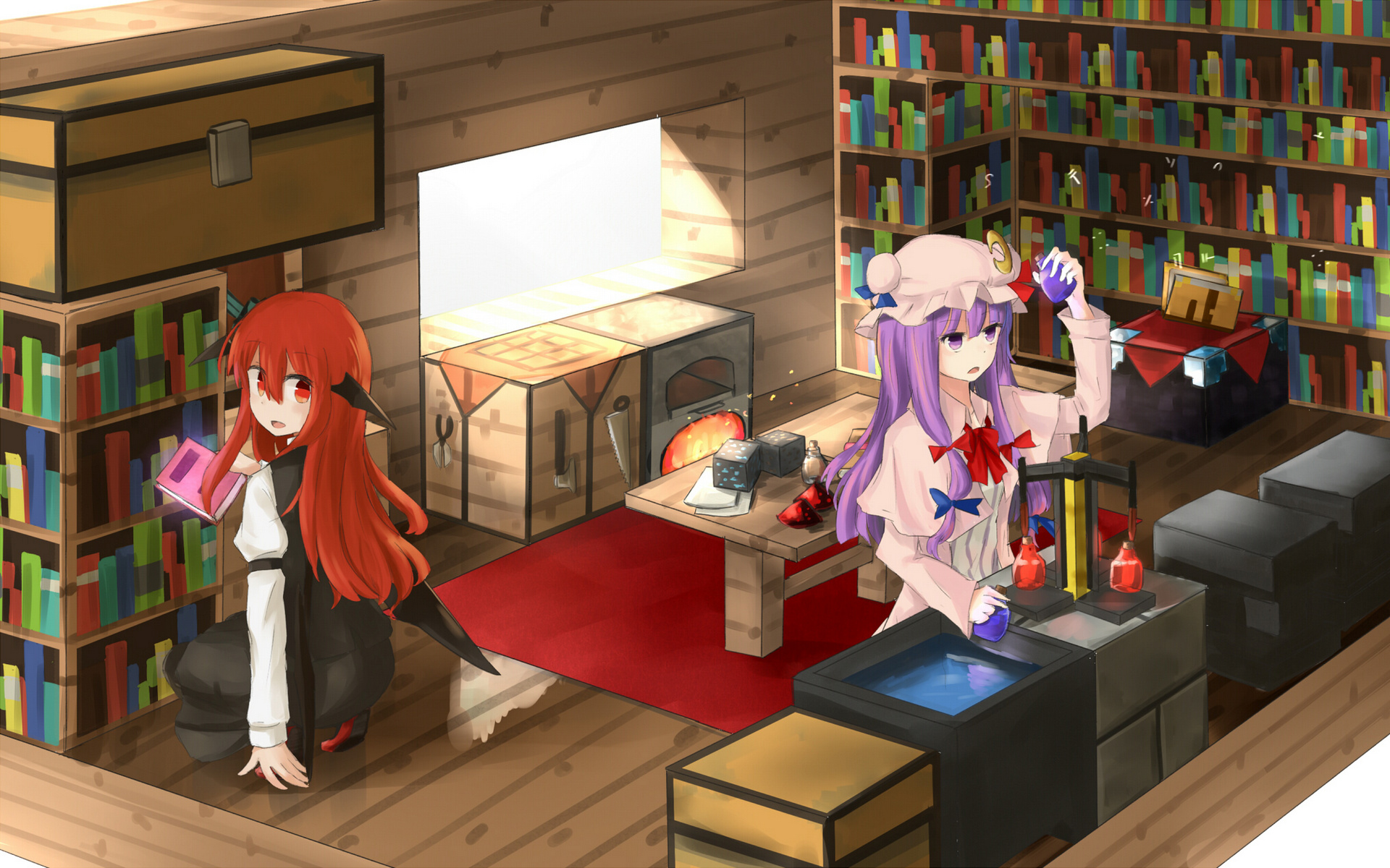 Anime Book Hat Koakuma Touhou Long Hair Minecraft Patchouli Knowledge Purple Hair Red Eyes Red Hair  1920x1200