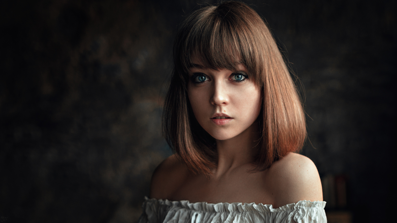 Women Olya Pushkina Brunette Shoulder Length Hair Bangs Blue Eyes Portrait Bare Shoulders Simple Bac 1600x900