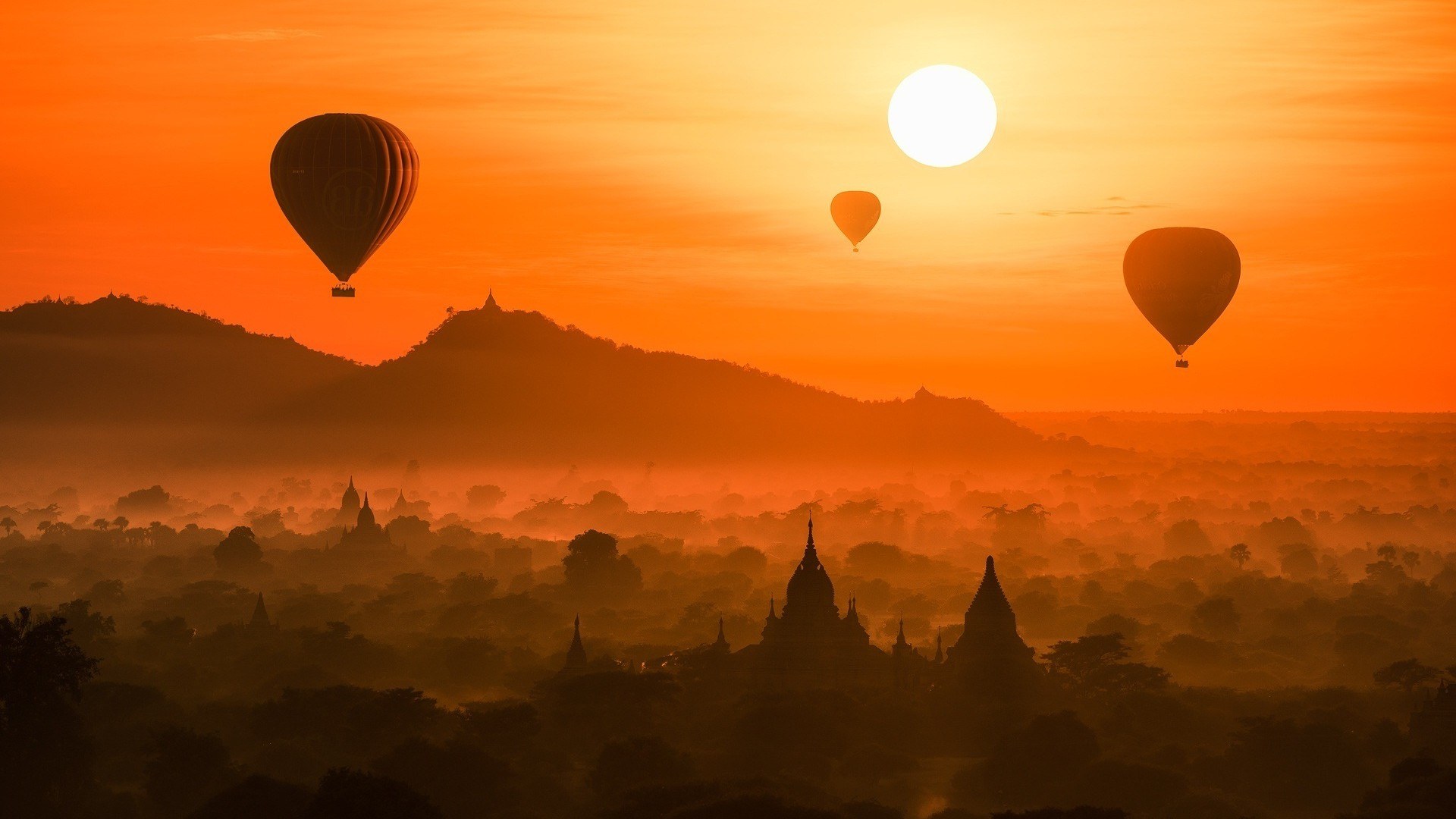 Hot Air Balloon Myanmar Sunset Temple 1920x1080
