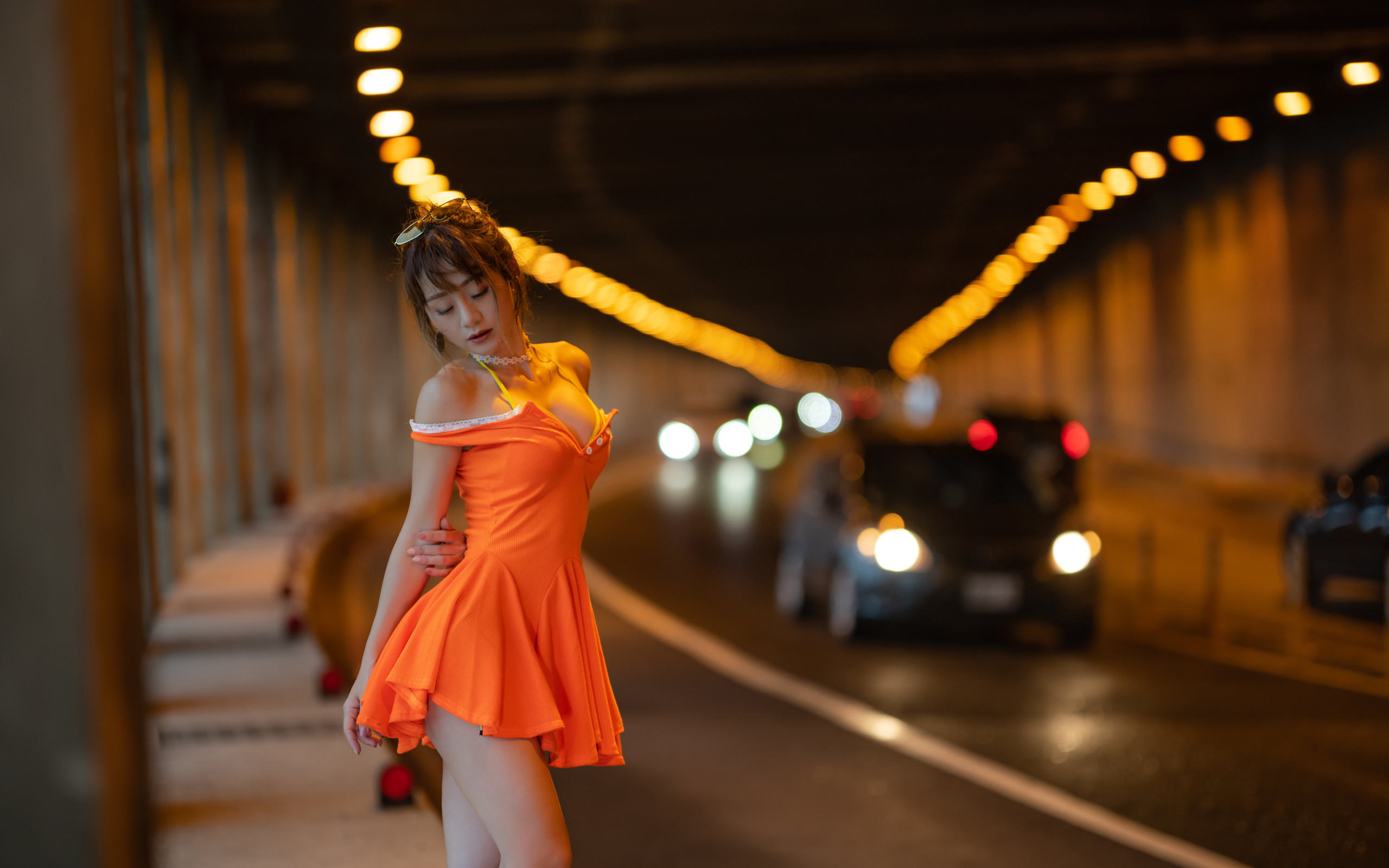 Women Model Brunette Asian Closed Eyes Necklace Bare Shoulders Dress Orange Dress Car Tunnel Depth O 2560x1600