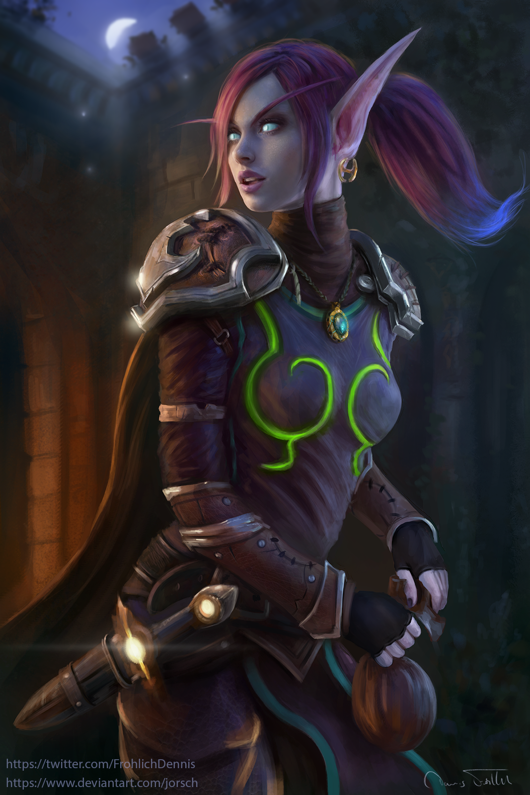 Jorsch Drawing Warcraft Blood Elves Blood Elf Women Redhead Ponytail Rogue Dagger Night Moon World O 1067x1600