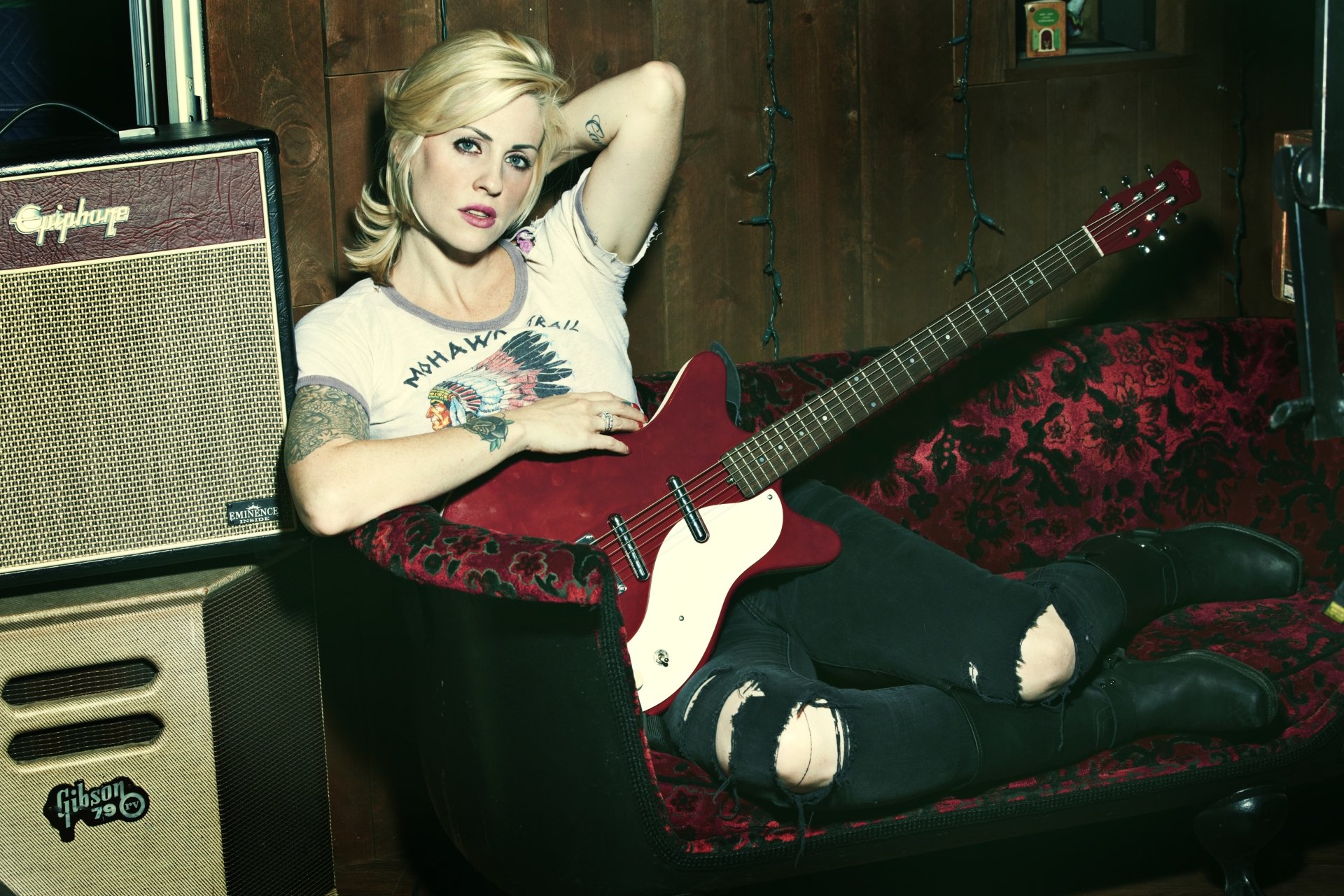Musician Blonde Singer Electric Guitar Women Brody Dalle Tattoo 1920x1280