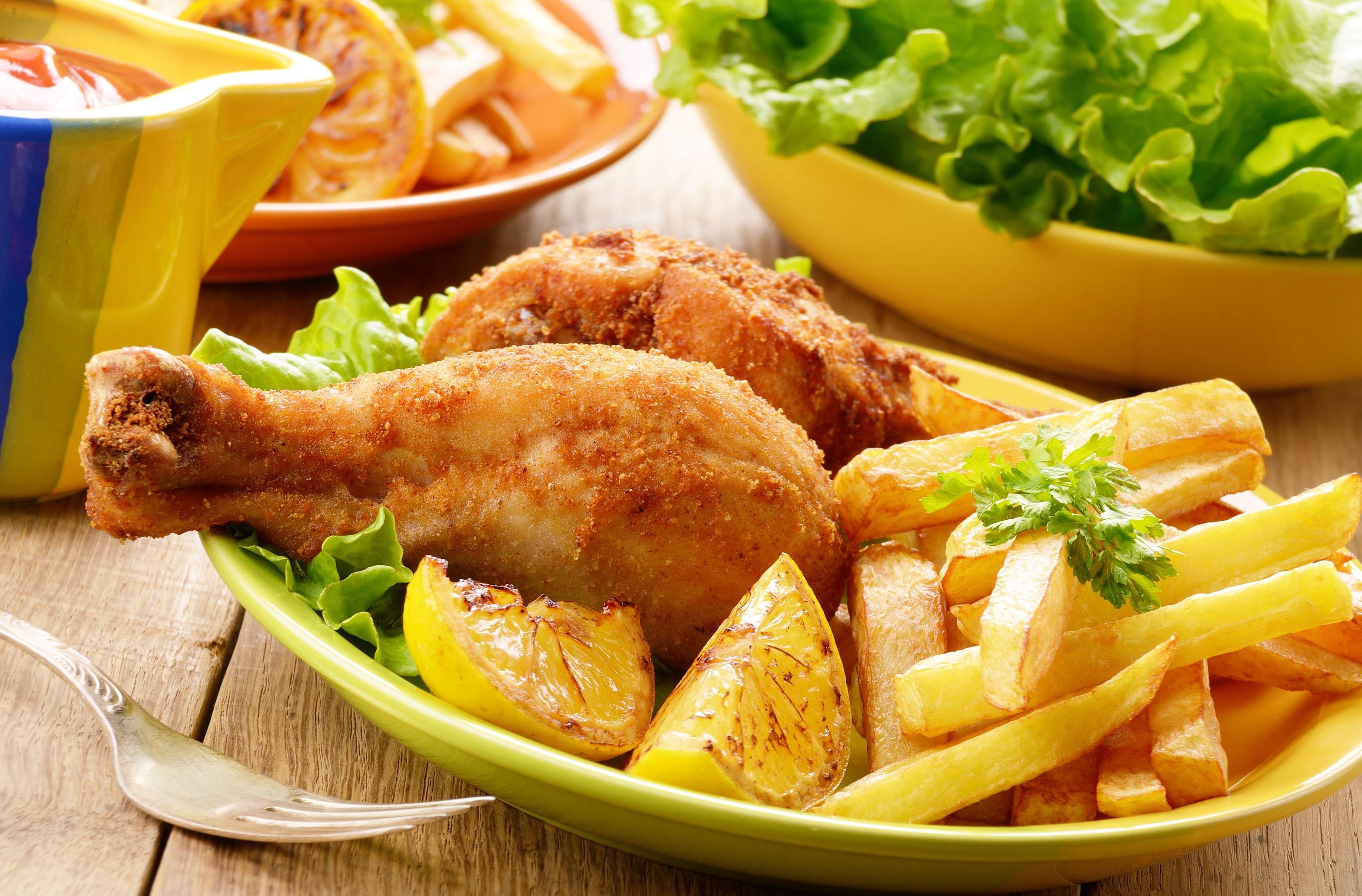 Chicken Food French Fries Lunch Meal 3840x2526