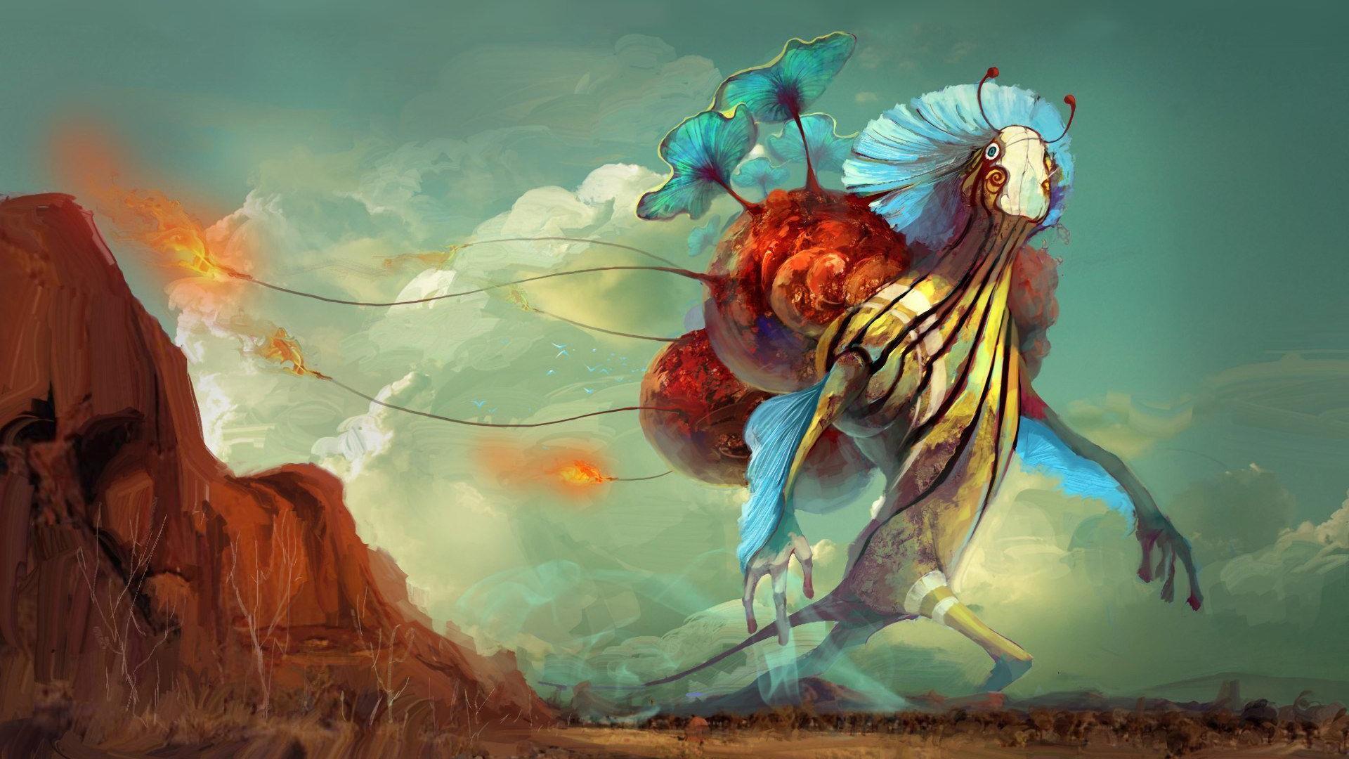 Digital Digital Art Creature Abstract Fantasy Art Artwork Colorful Giant Fireballs Landscape Clouds 1920x1080