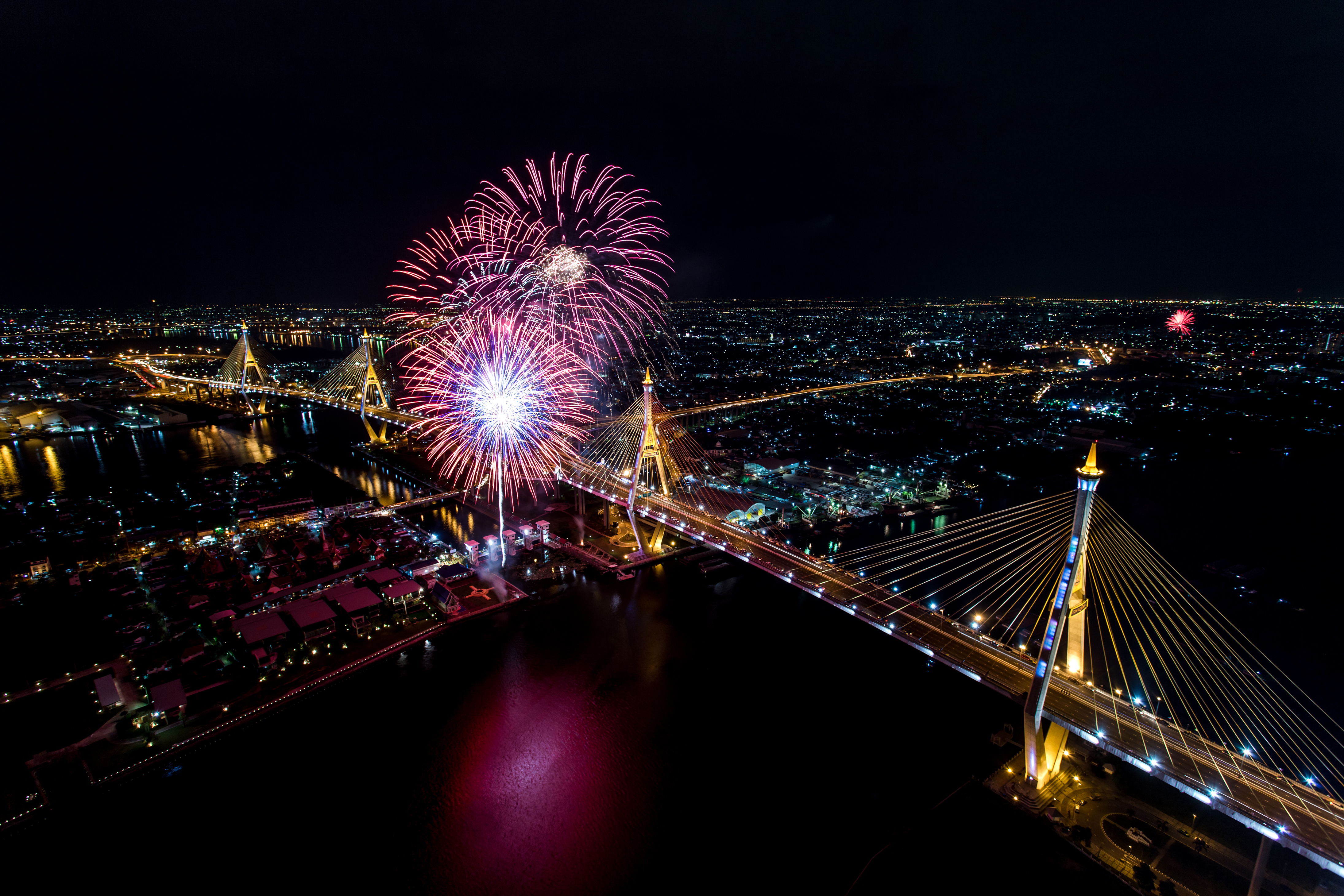 Aerial Bangkok Bridge Cityscape Fireworks Horizon Light Night Thailand 4380x2920