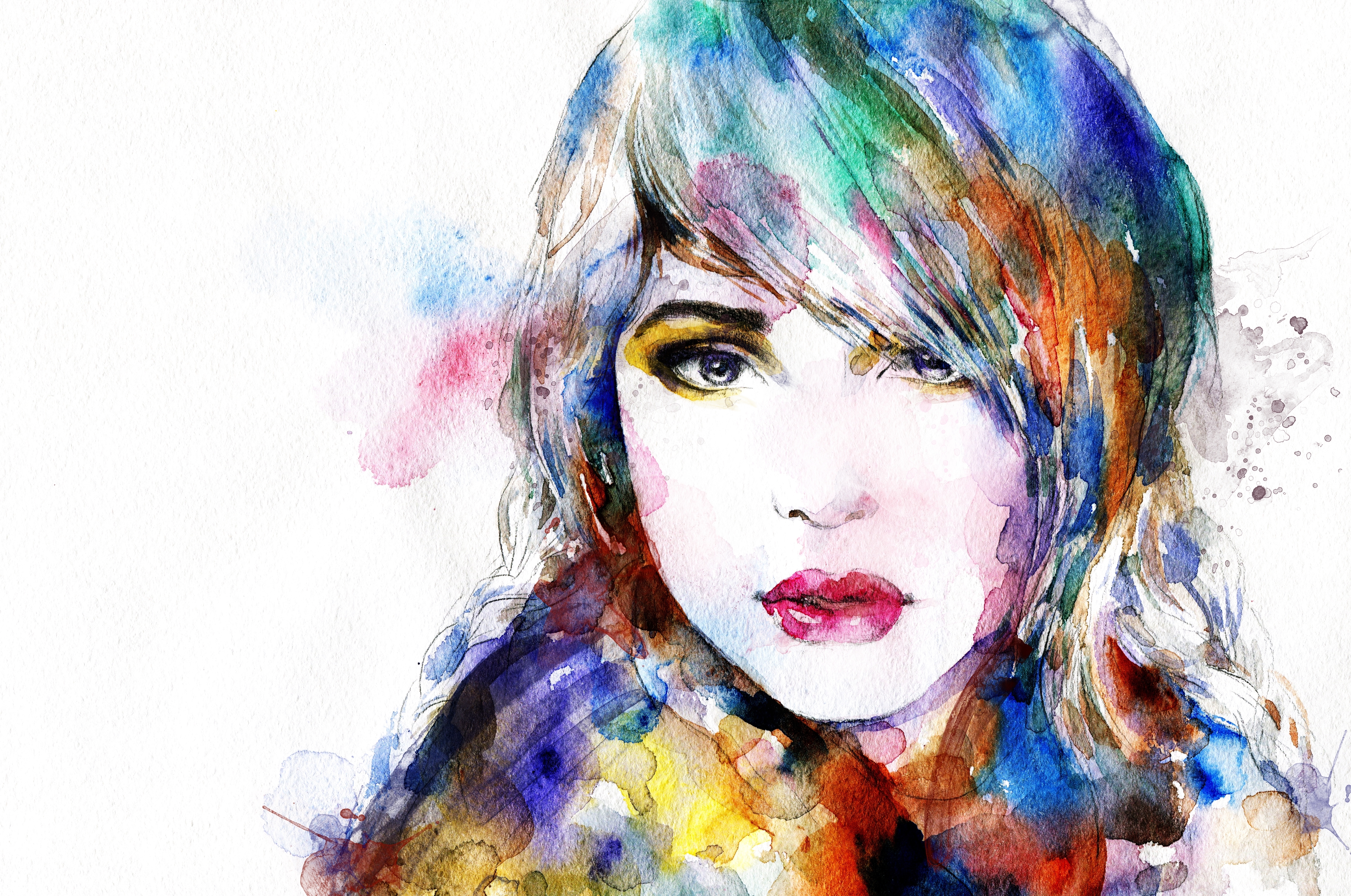 Portrait Girl Watercolor Face Colorful 4600x3051