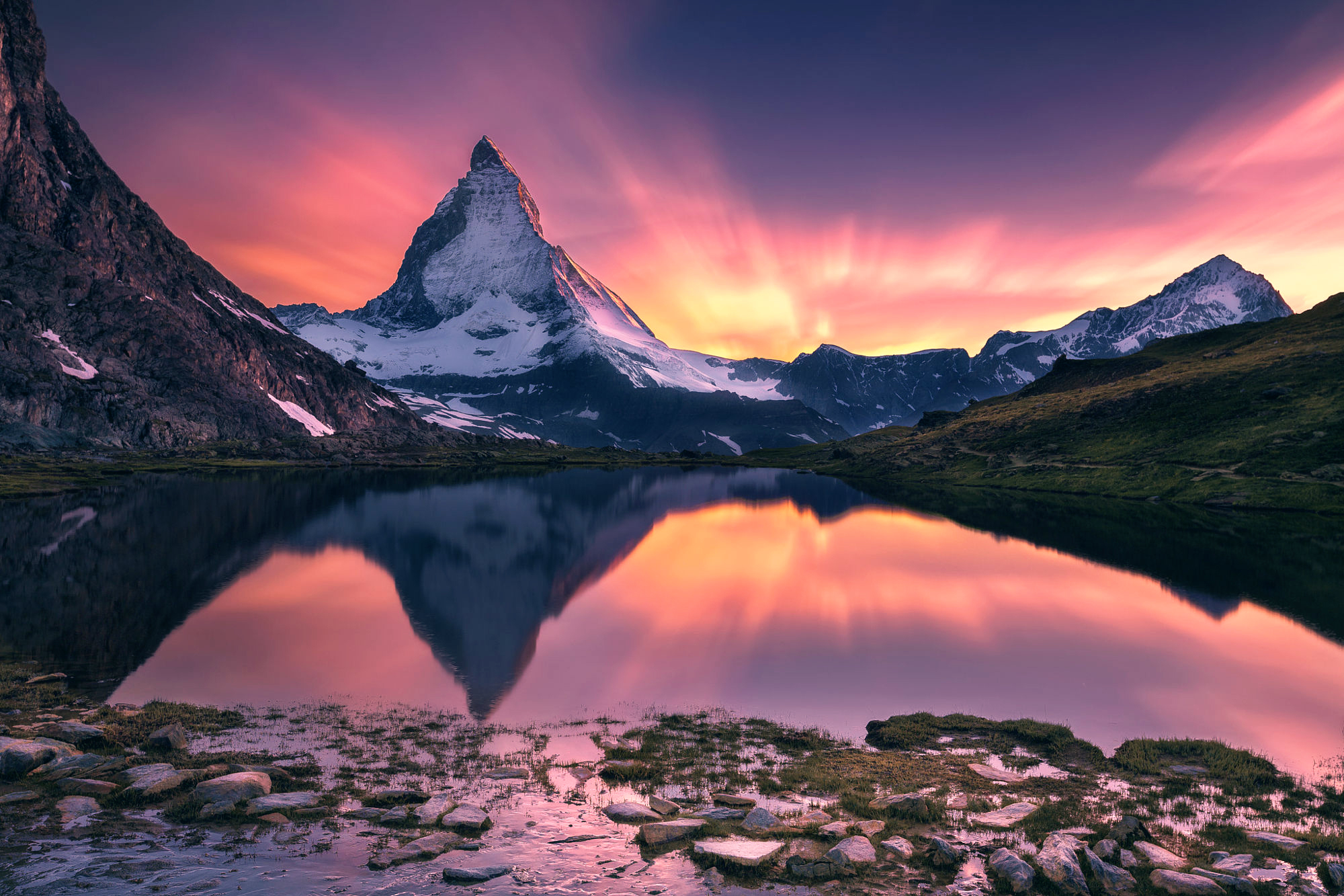 Alps Lake Matterhorn Mountain Nature Reflection Sunset 2000x1333