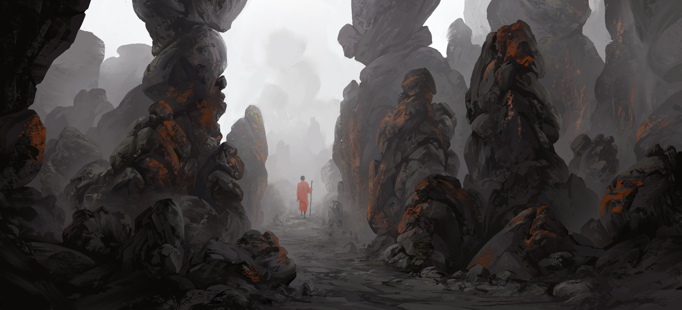 Man Monk Path Rock Fog 2350x1070