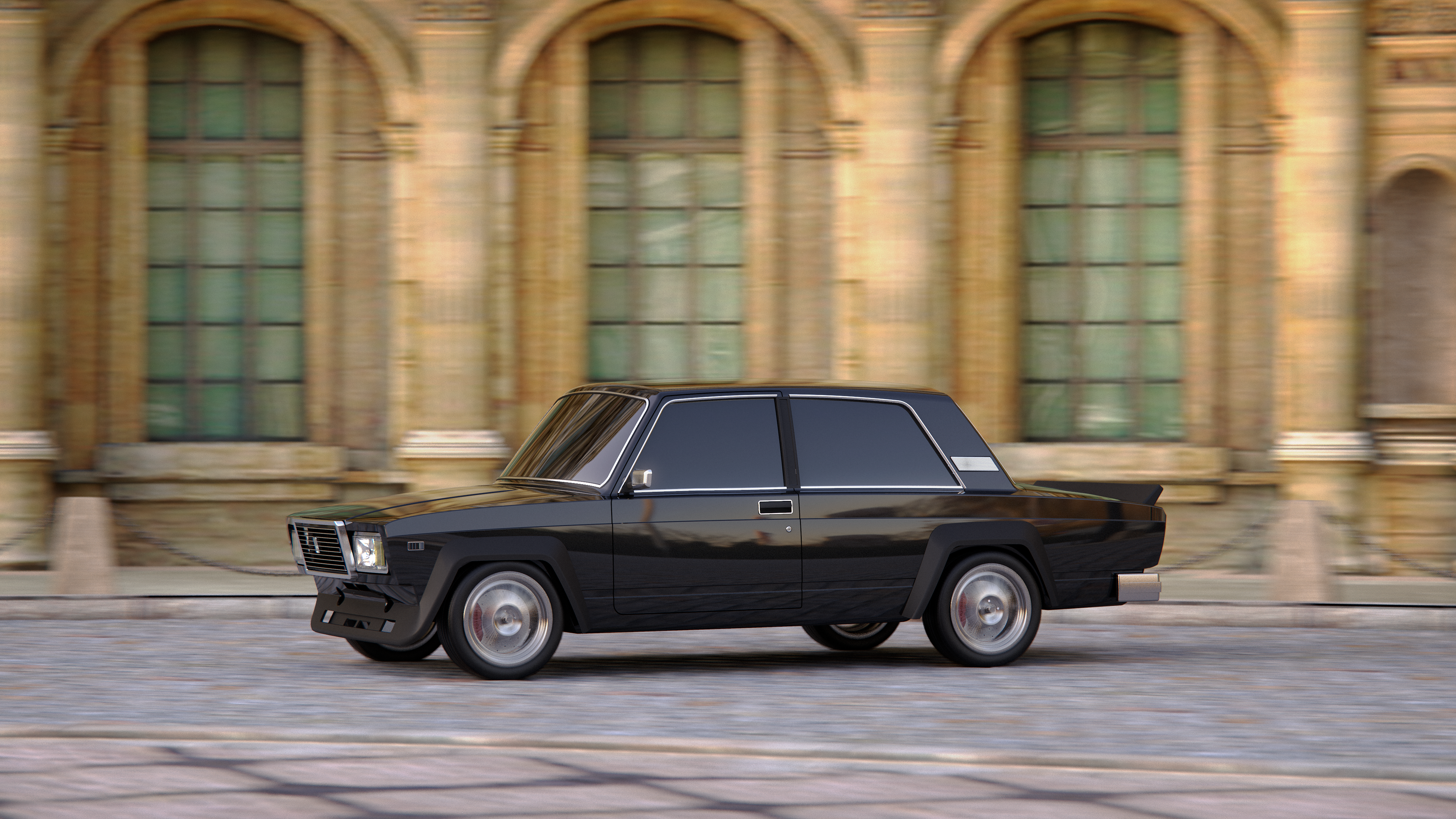 CGi Digital Art Render Rendering LADA Lada 2107 City Moving Car Black Soviet Union Car Vehicle 3840x2160