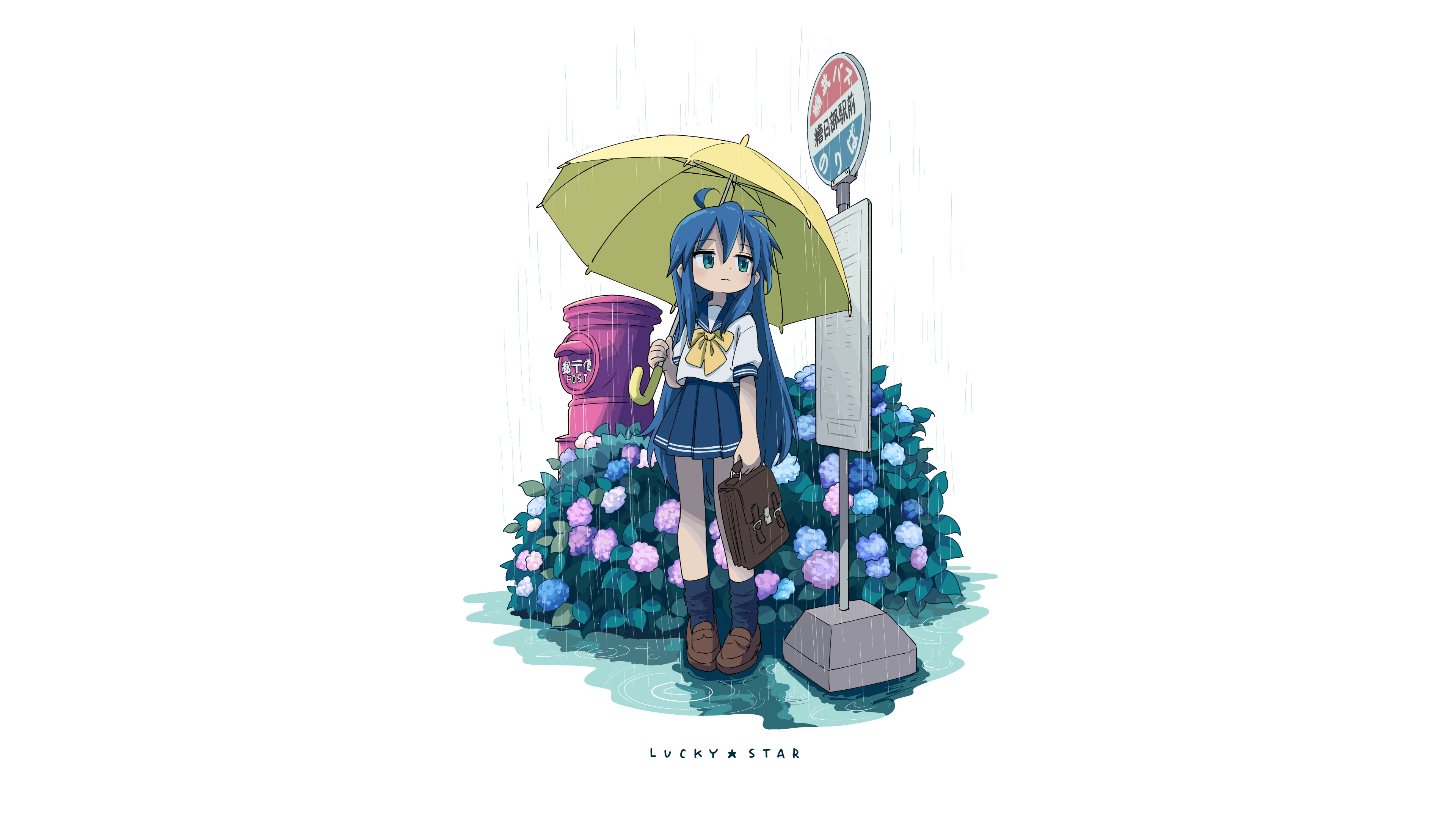 Lucky Star Izumi Konata Blue Hair Anime Anime Girls Rain Umbrella Flowers Bus Stop White Background 3840x2160