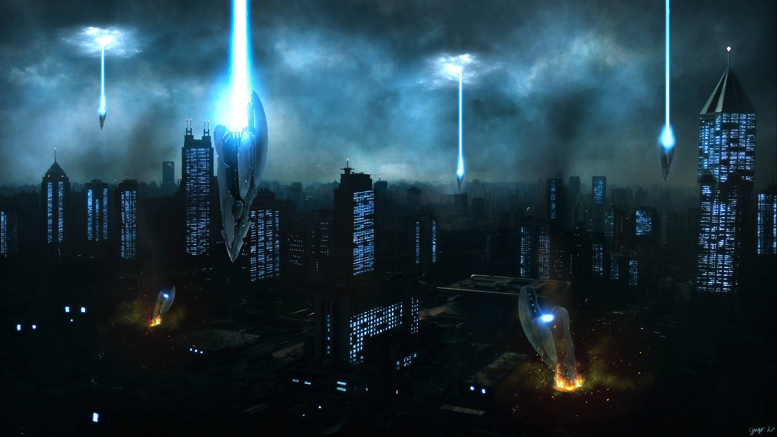 Space Invasion Alien City Night Spaceship 2560x1440