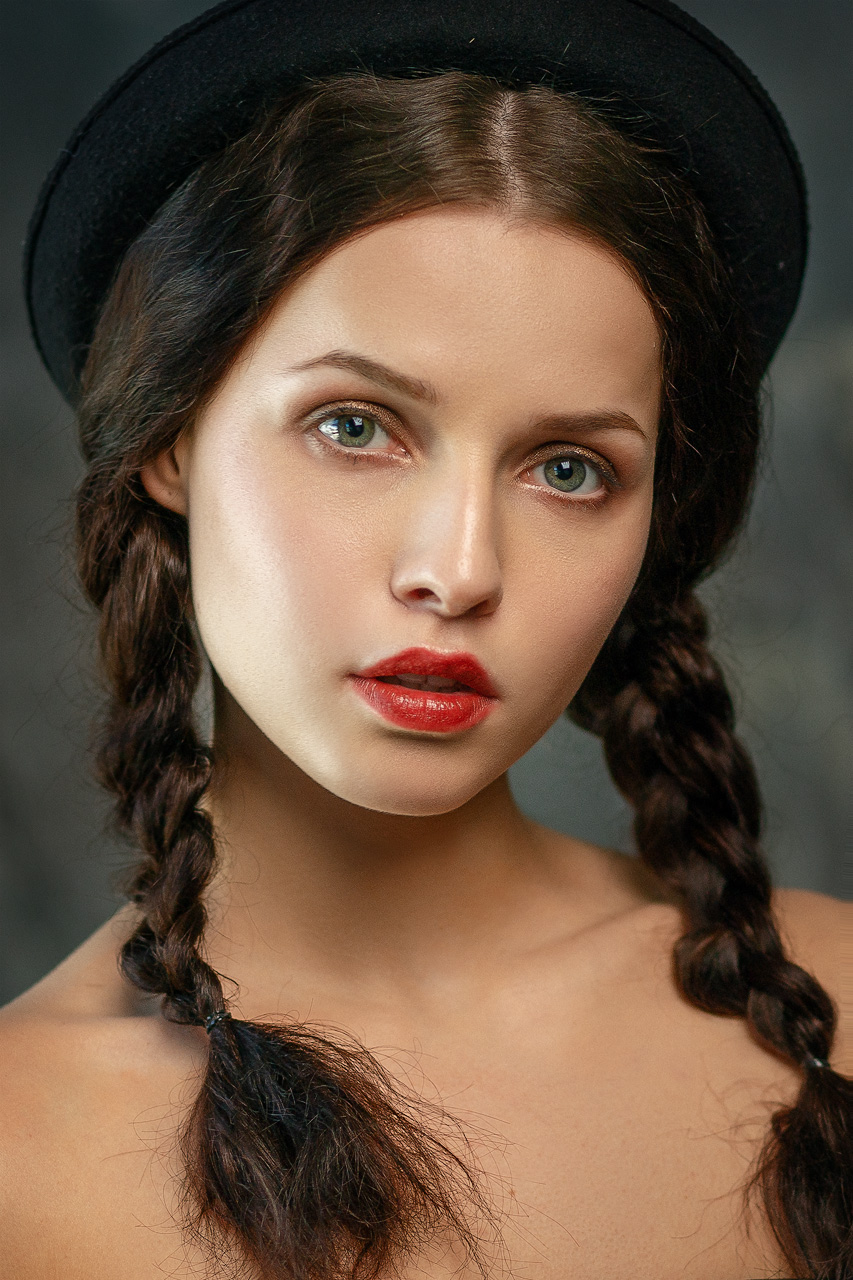 Ann Nevreva Women Hat Brunette Pigtails Long Hair Braids Blue Eyes Portrait Makeup Lipstick Simple B 853x1280