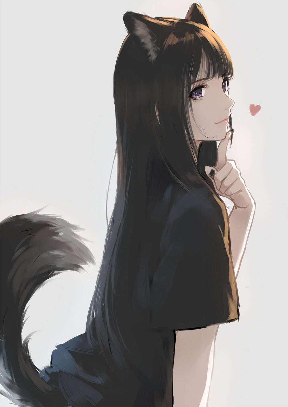 Wolf Girls Black T Shirt Straight Hair Anime Girls Anime Tail Heart Design Animal Ears Dark Hair 1000x1414