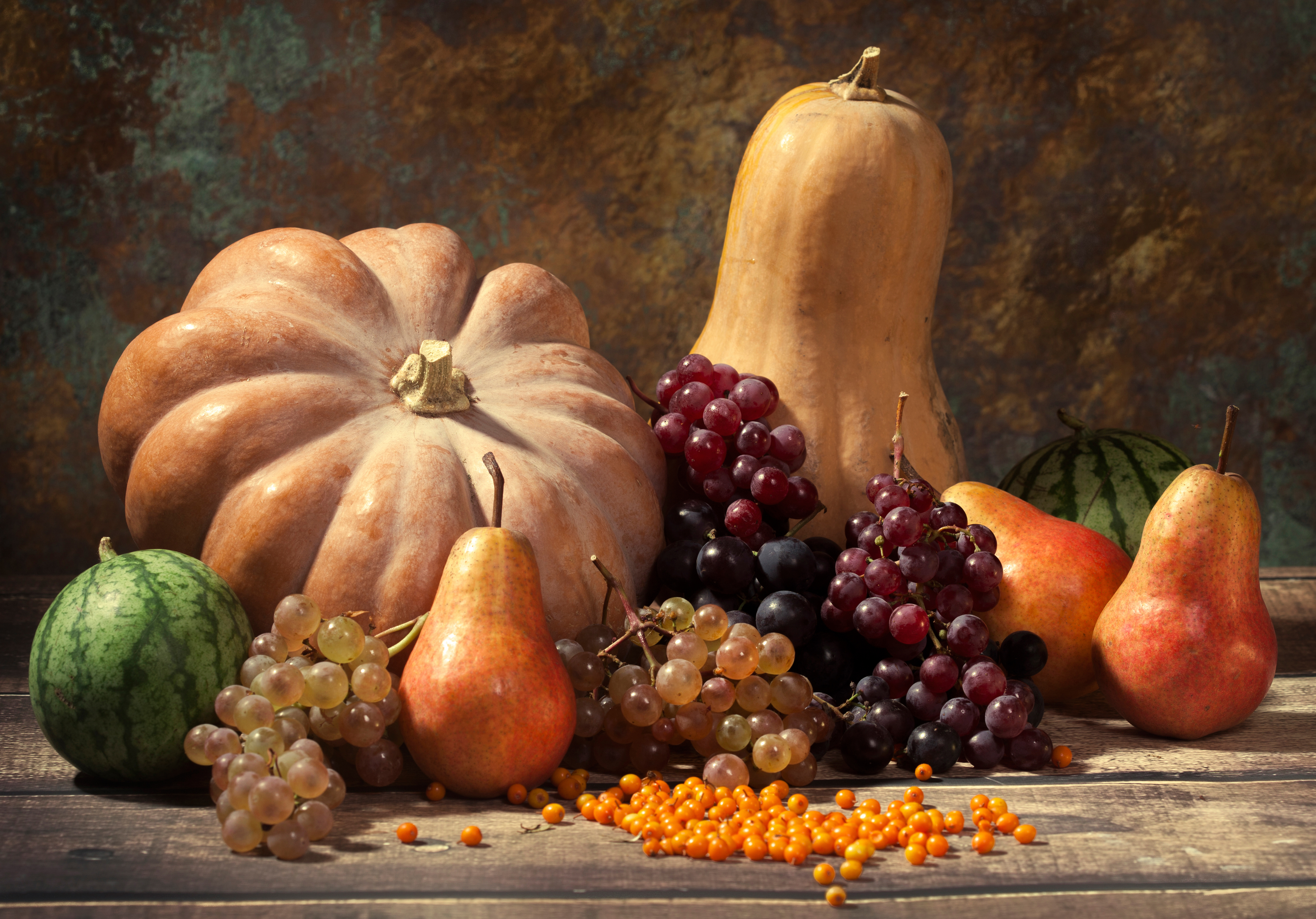 Fall Harvest Still Life Pumpkin Grapes Pear 7000x4888