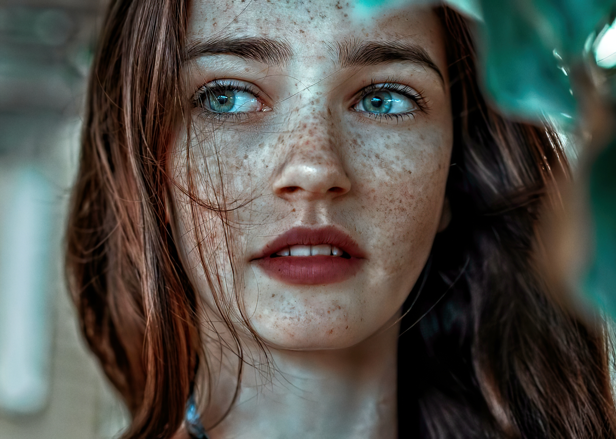 Women Freckles Hair Face Portrait Photography Blue Eyes Red Lipstick Emotions Model Depth Of Field 2038x1452