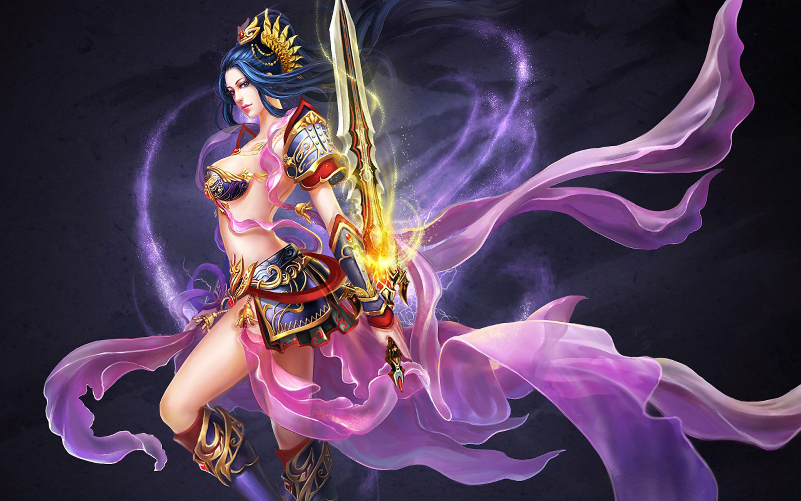 Fantasy Woman Sword Purple Woman Warrior Blue Hair 2560x1600