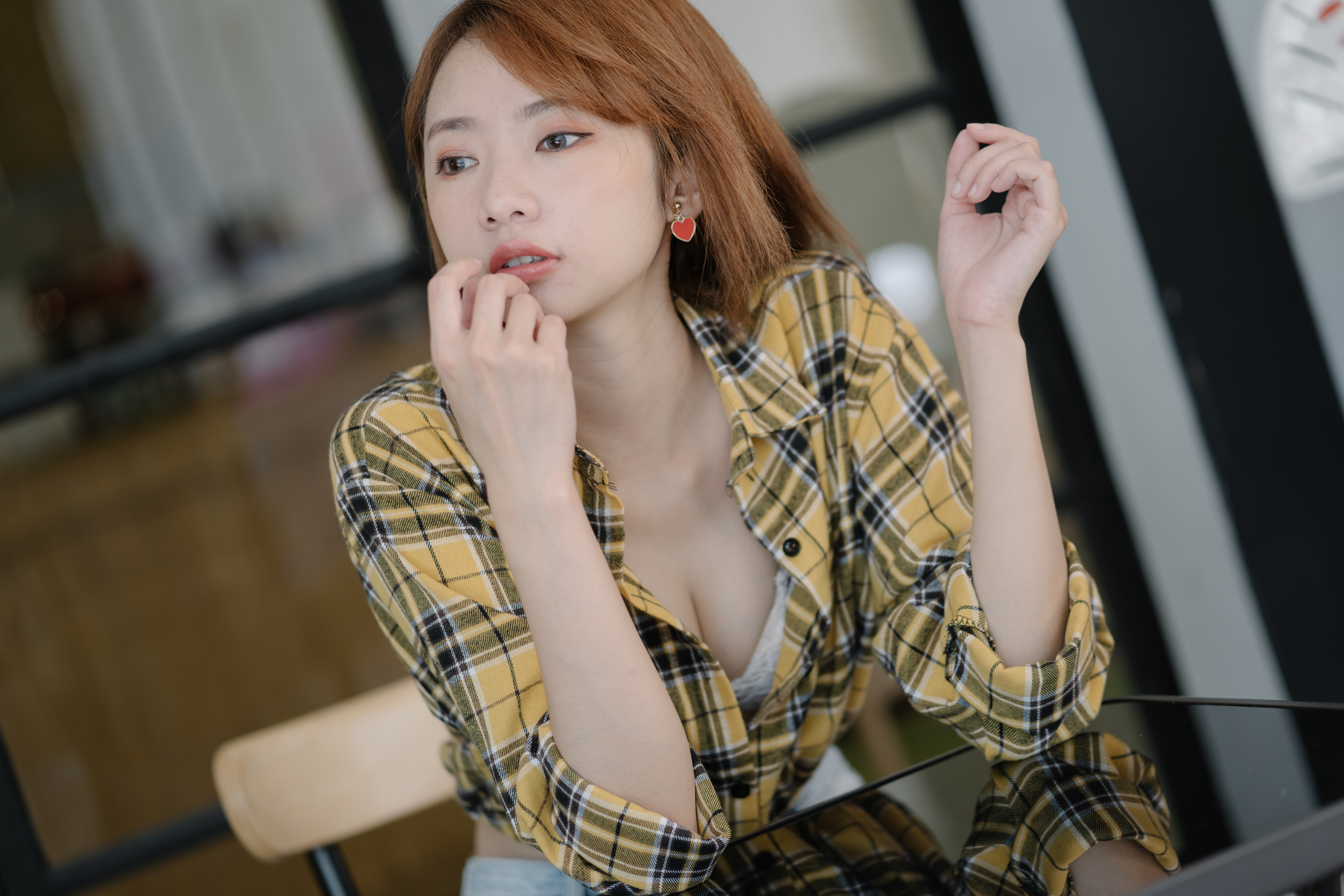Asian Women Model Brunette Portrait Looking Away Parted Lips Shirt Plaid Shirt Sitting Earring Depth 3840x2560
