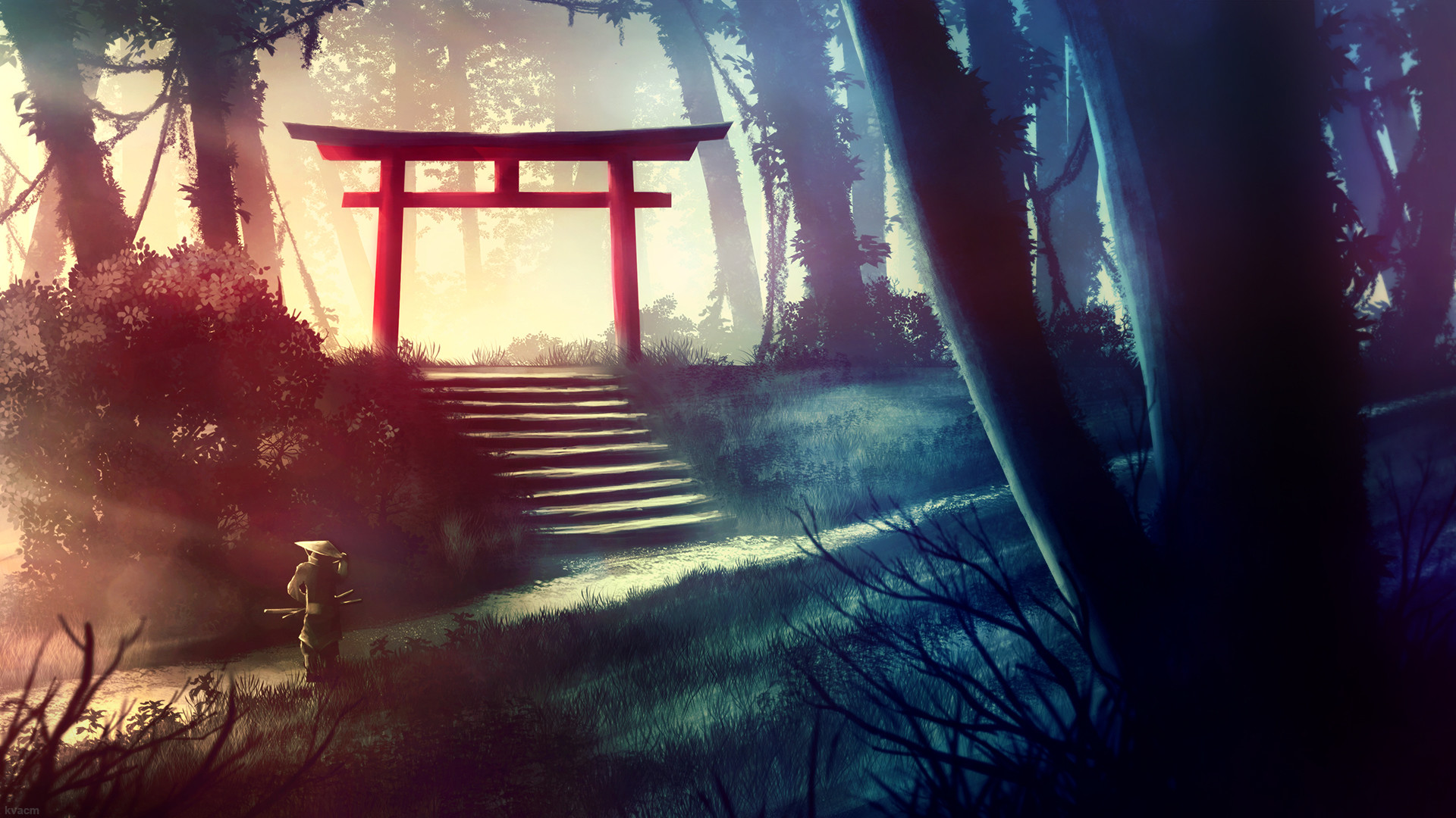 Samurai Warrior Forest Path Tree Shrine 1920x1080