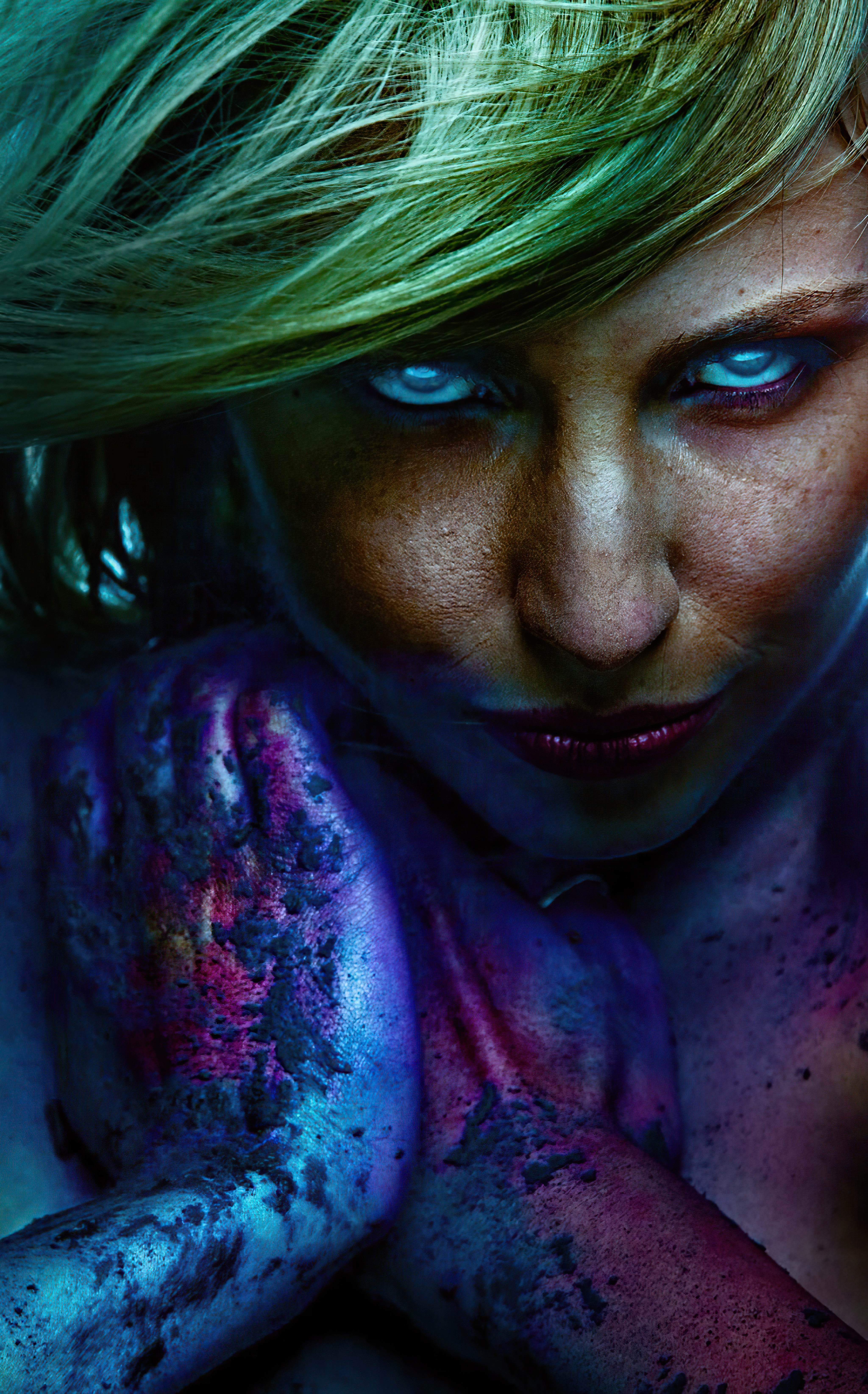 Digital Art Paint Splatter Women Green Hair Blue Eyes Looking At Viewer Realistic Realistic Depictio 4096x6576