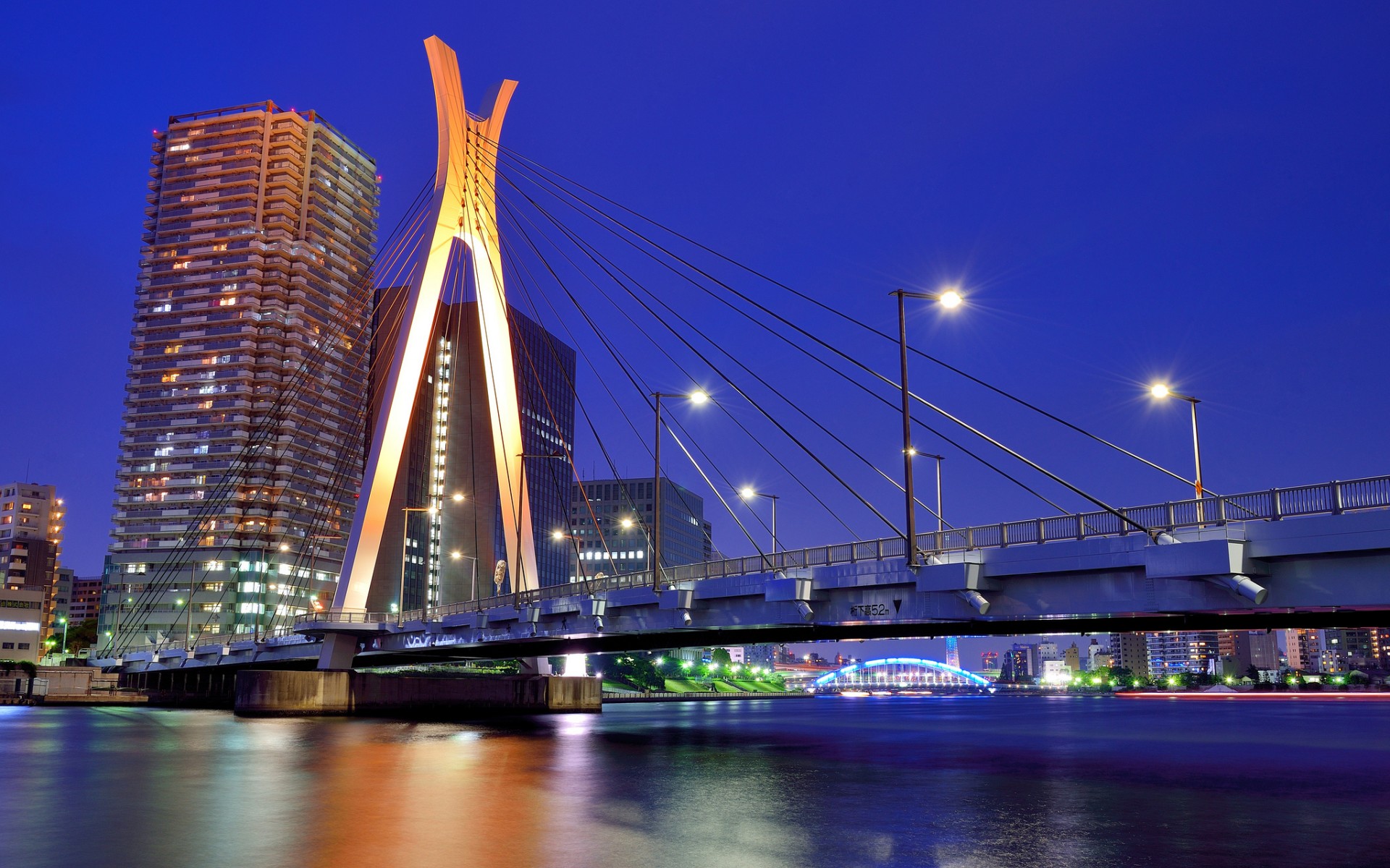 Japan Tokyo Metropolis Skyscraper House Night Bridge Light River Blue Sky 1920x1200