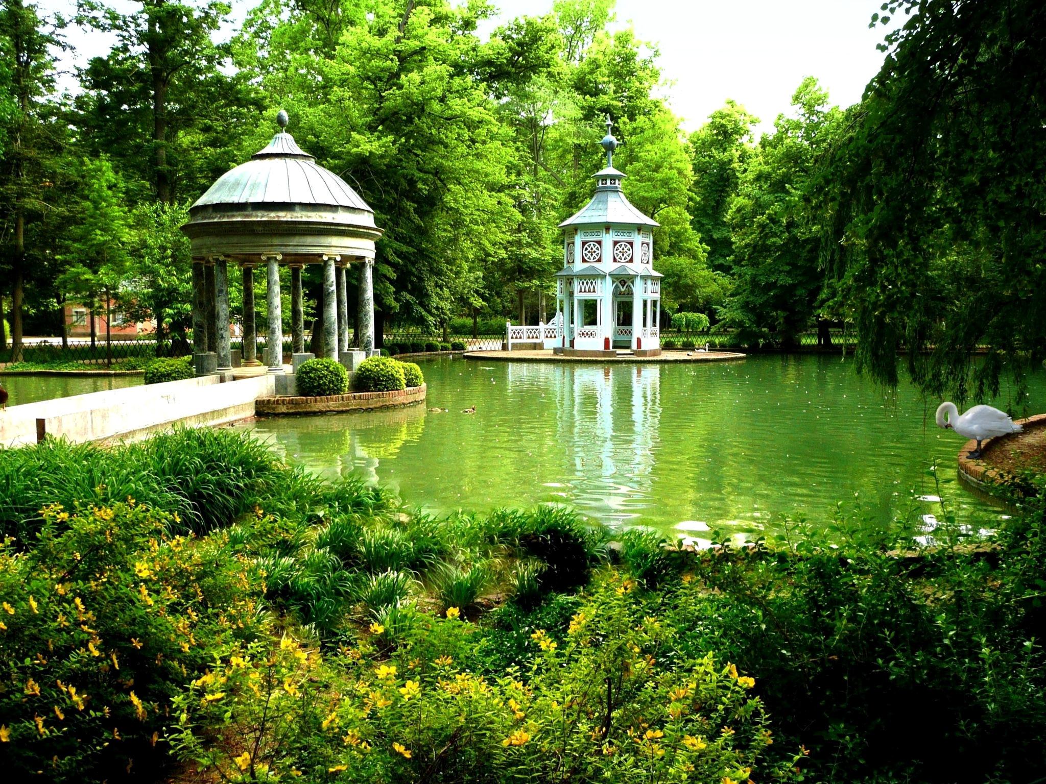 Gazebo Green Man Made Park Pond Spring Tree 2048x1536