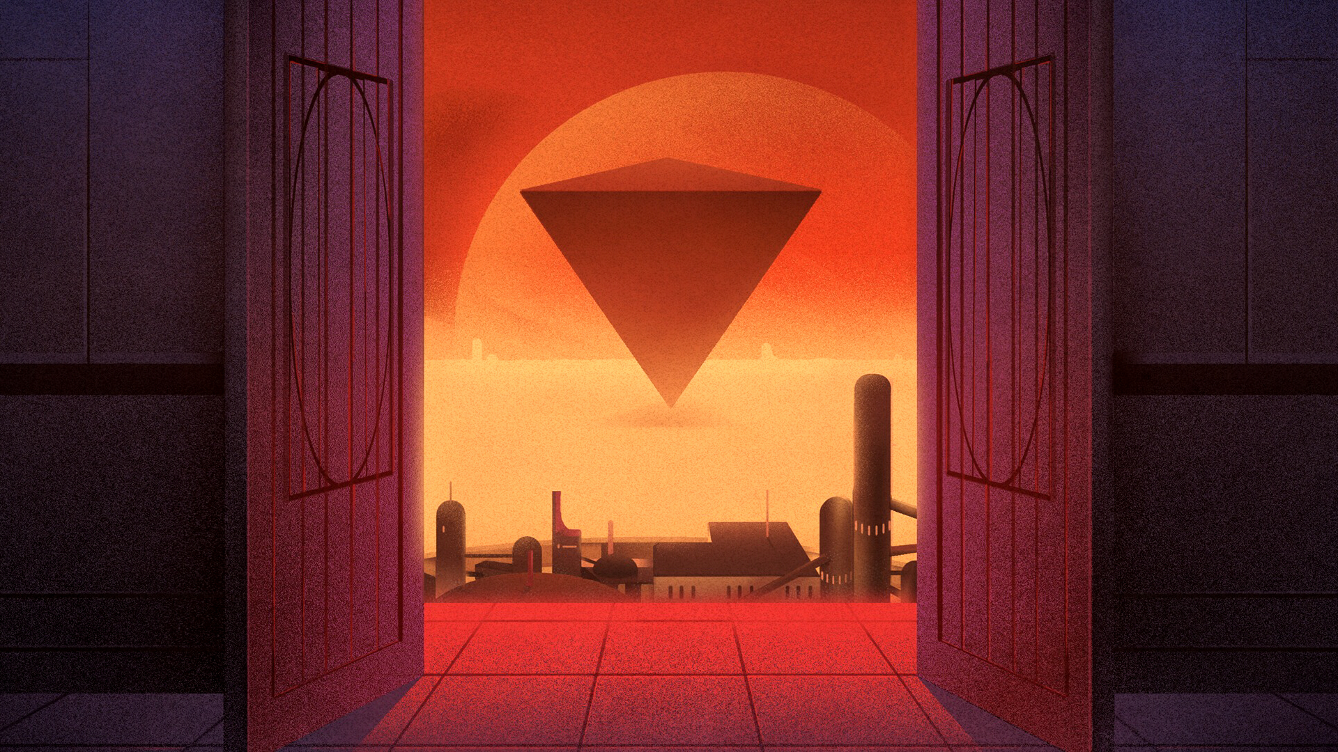Orange Digital Art Artwork Science Fiction Pyramid Sun Gates City Skyline 1920x1080