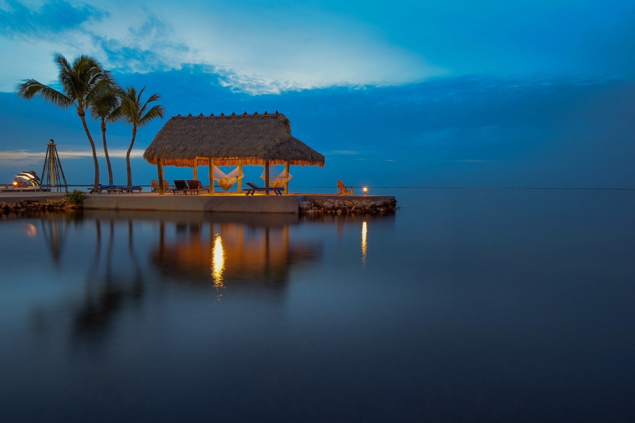 Man Made Resort Bungalow Hut Hammock Palm Tree Ocean Tropical Horizon 2048x1365