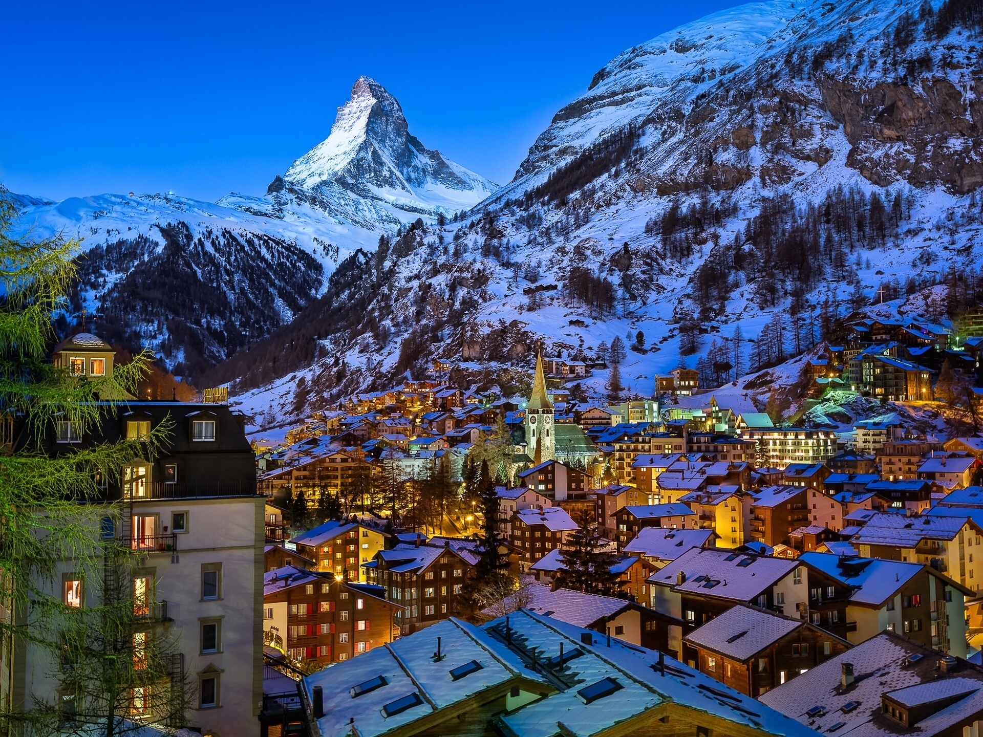 Man Made Village Matterhorn Switzerland Alps Winter Snow 1920x1440