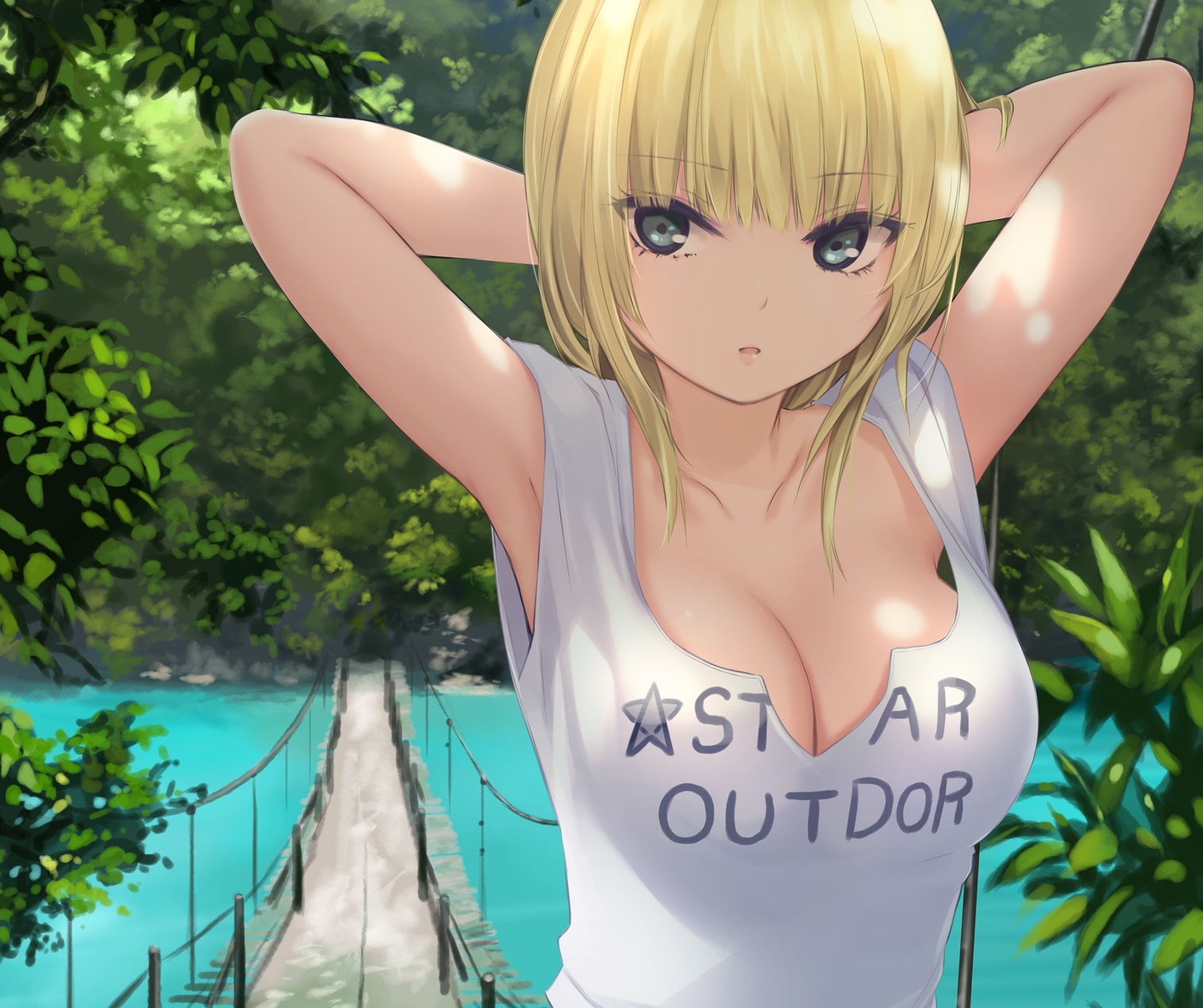 Blonde Water Short Hair Shade Green Eyes Forest Anime 1516x1270
